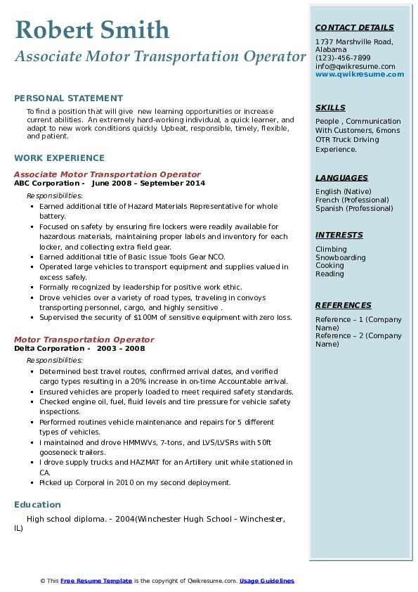 Motor Transportation Operator Resume Samples QwikResume