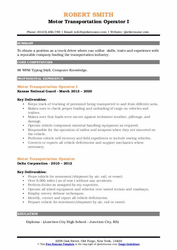 Motor Transportation Operator Resume Samples QwikResume