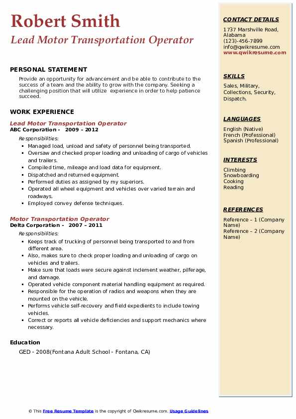 Motor Transportation Operator Resume Samples QwikResume