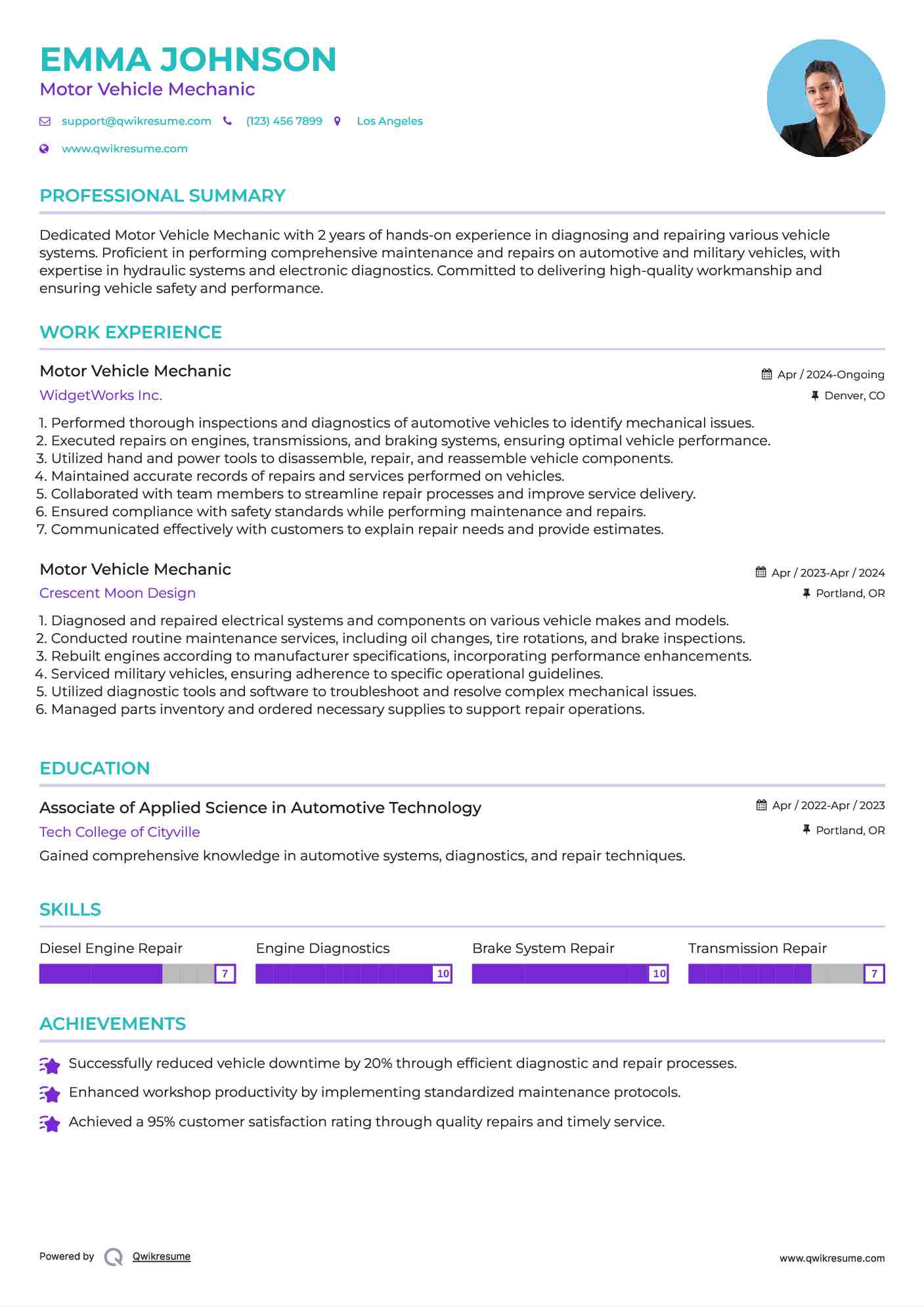 Motor Vehicle Mechanic Resume Format