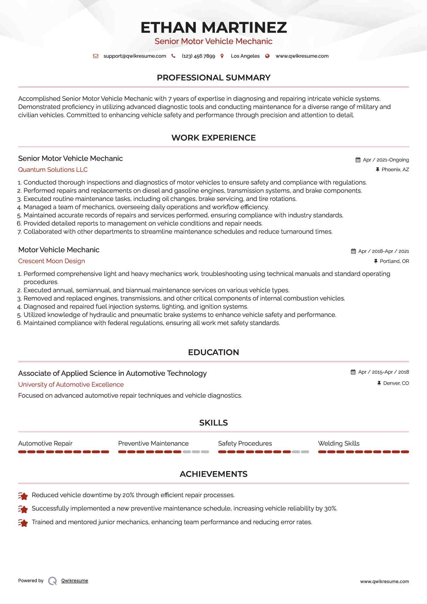 Senior Motor Vehicle Mechanic Resume Example