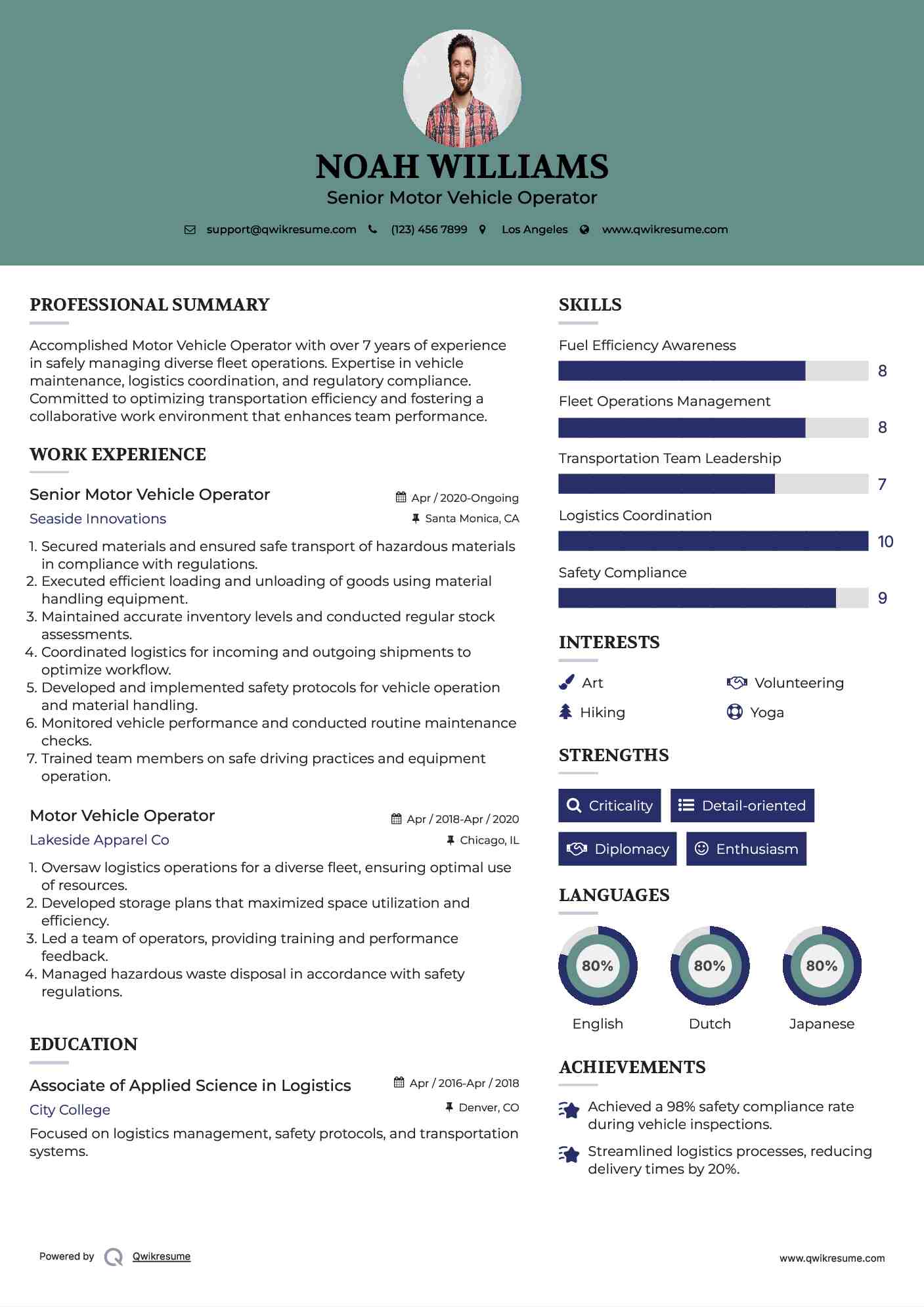Senior Motor Vehicle Operator Resume Template
