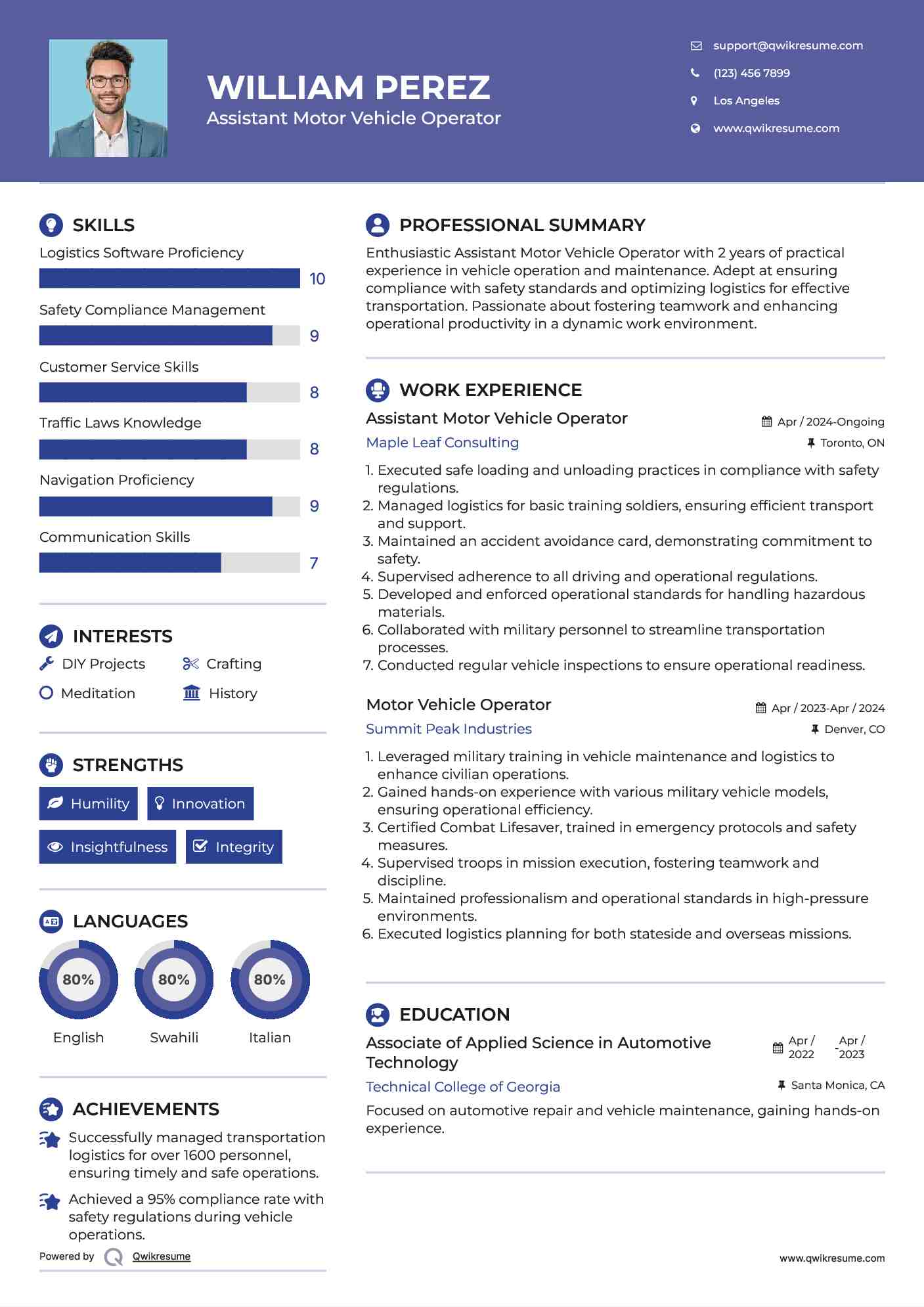Assistant Motor Vehicle Operator Resume Example
