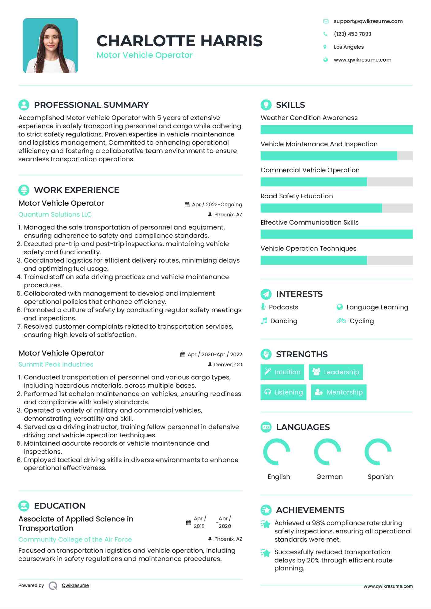 Motor Vehicle Operator Resume Sample