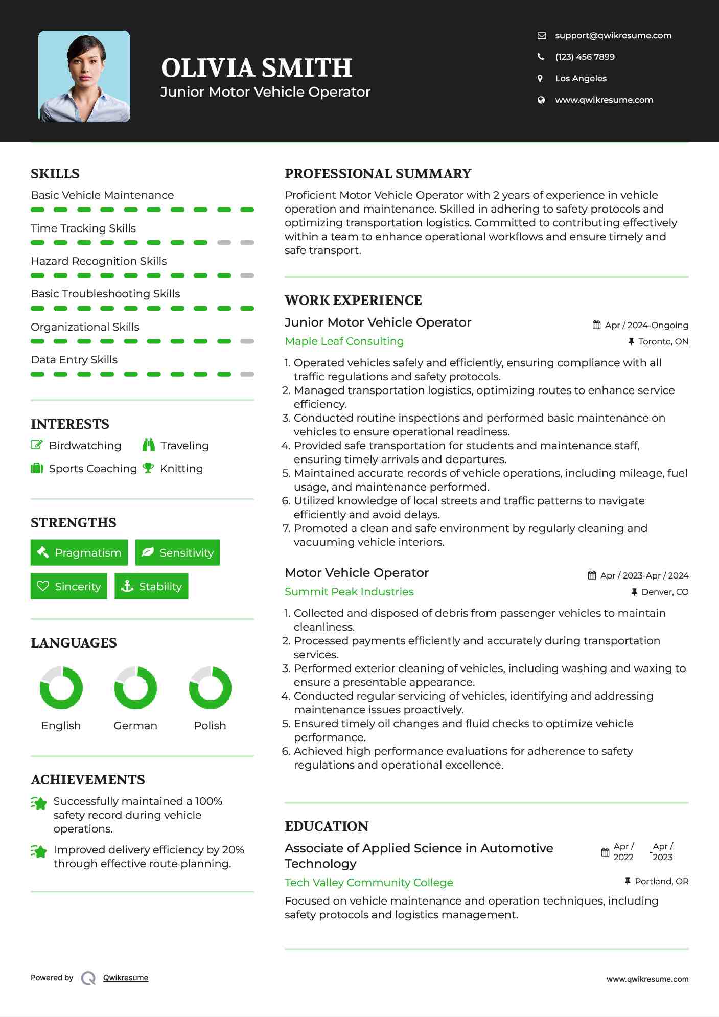 Junior Motor Vehicle Operator Resume Model
