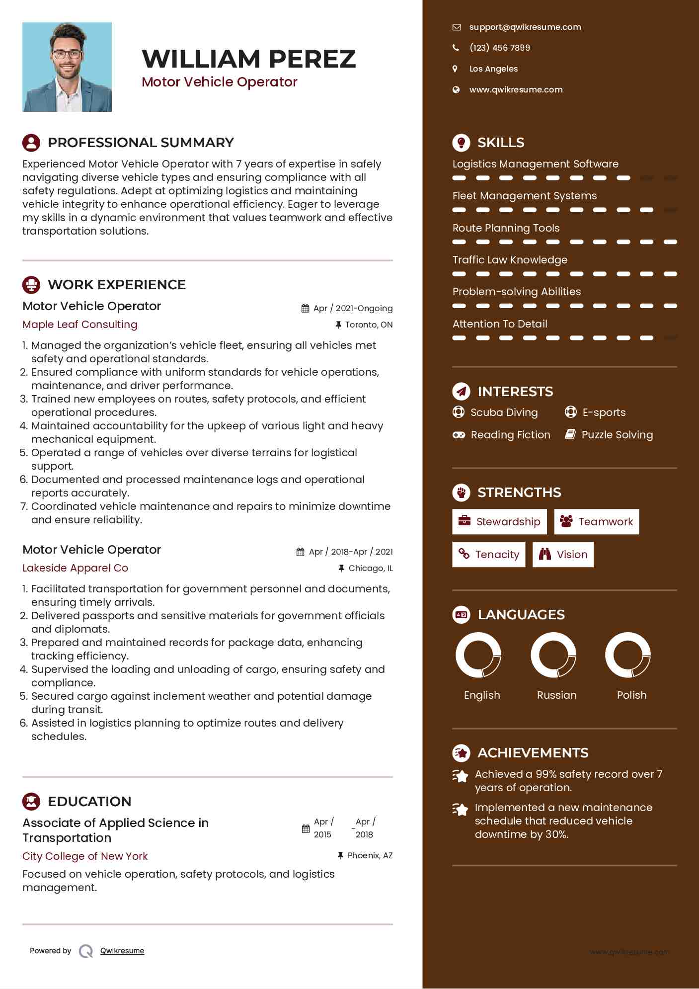 Motor Vehicle Operator Resume Model