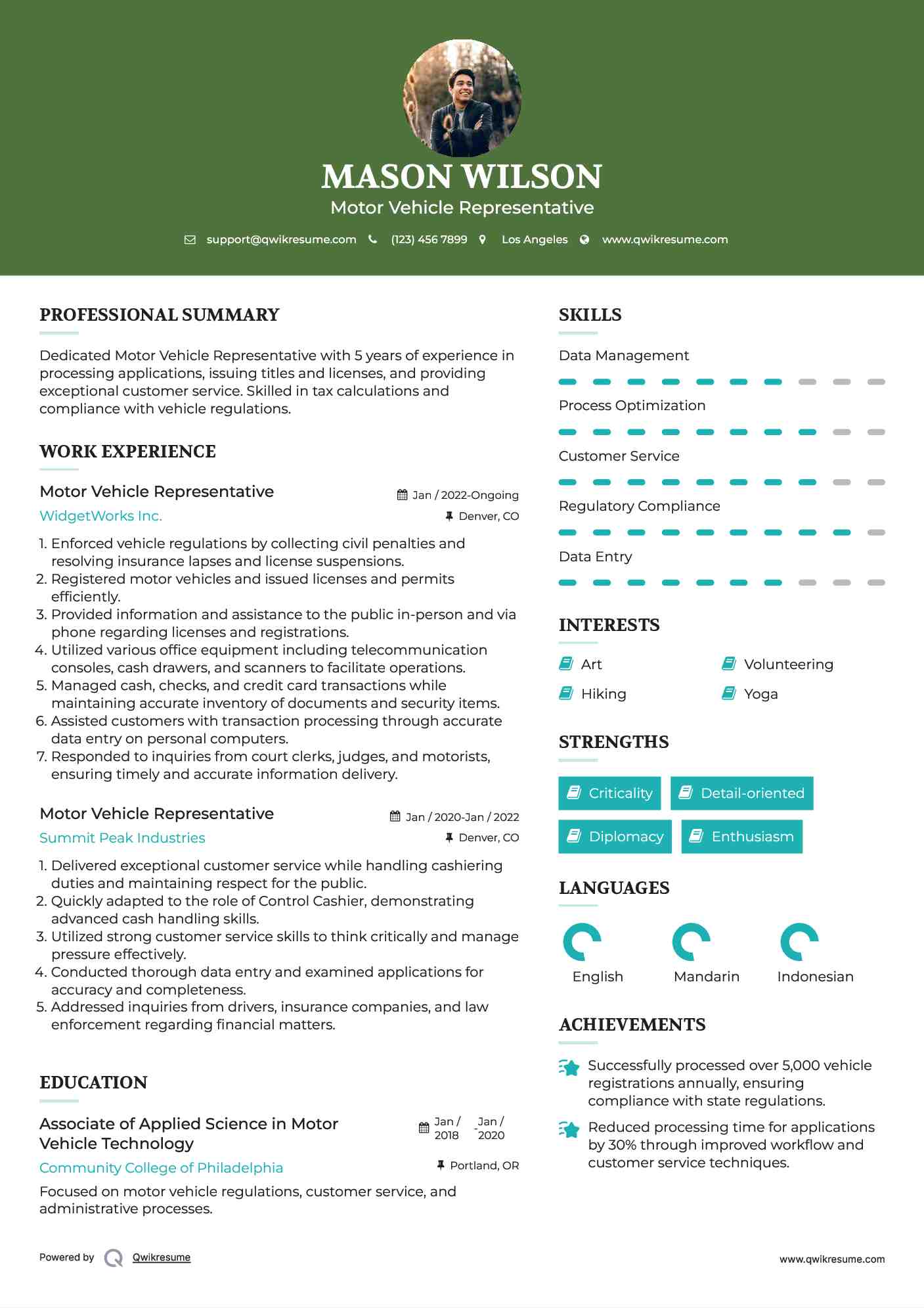 Motor Vehicle Representative Resume Template