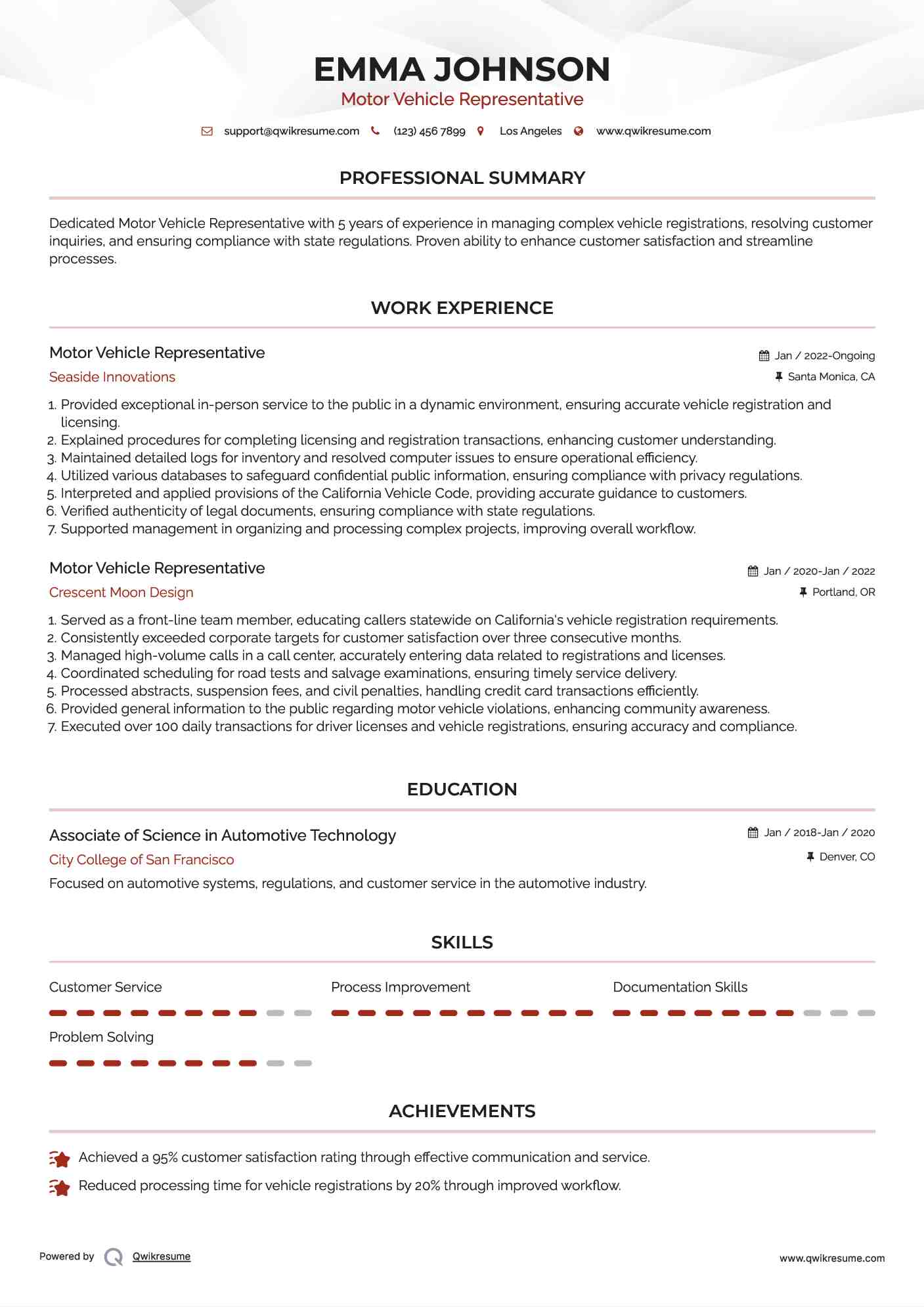 Motor Vehicle Representative Resume Example