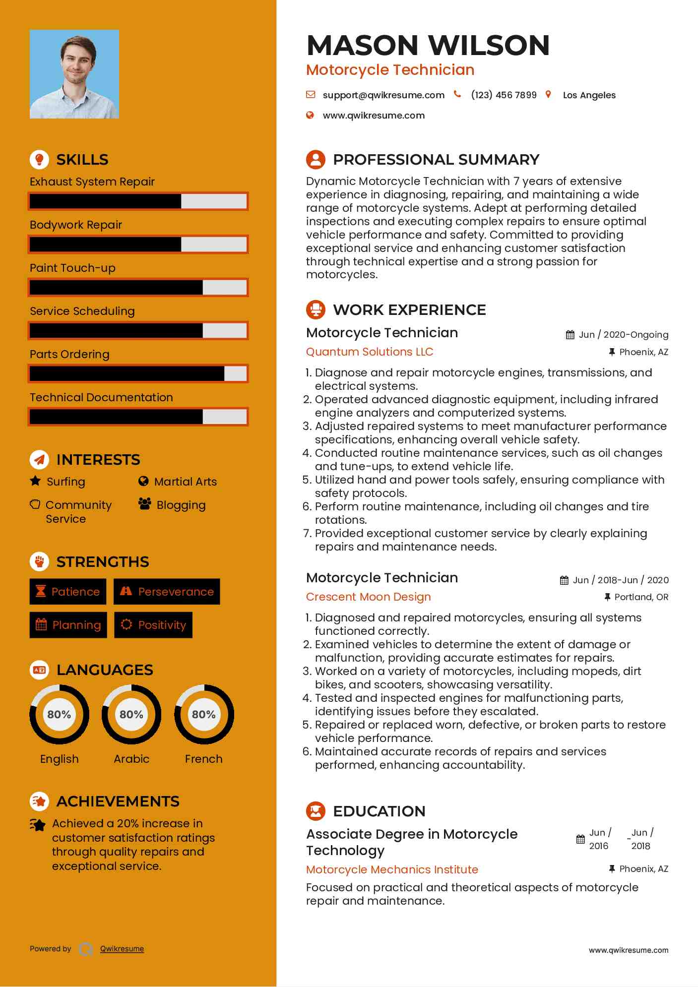 Motorcycle Technician Resume Samples | QwikResume