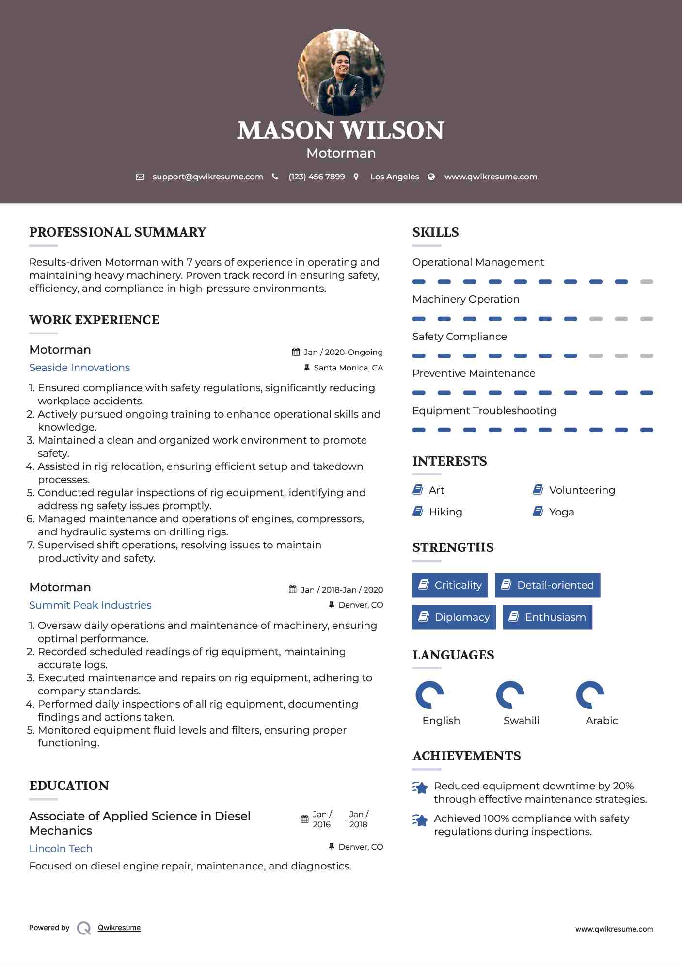 Motorman Resume Sample