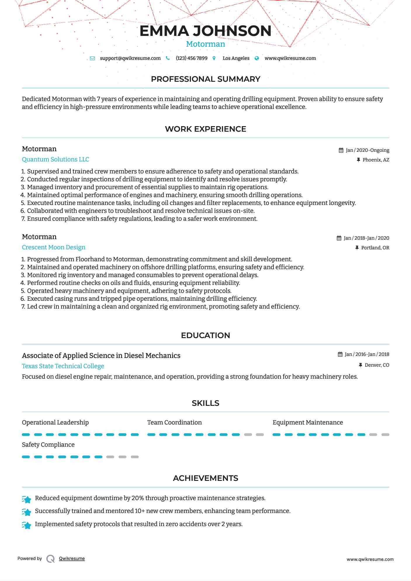 Motorman Resume Sample