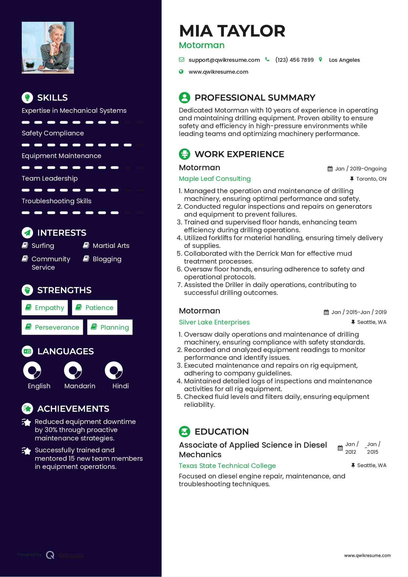 Motorman Resume Format