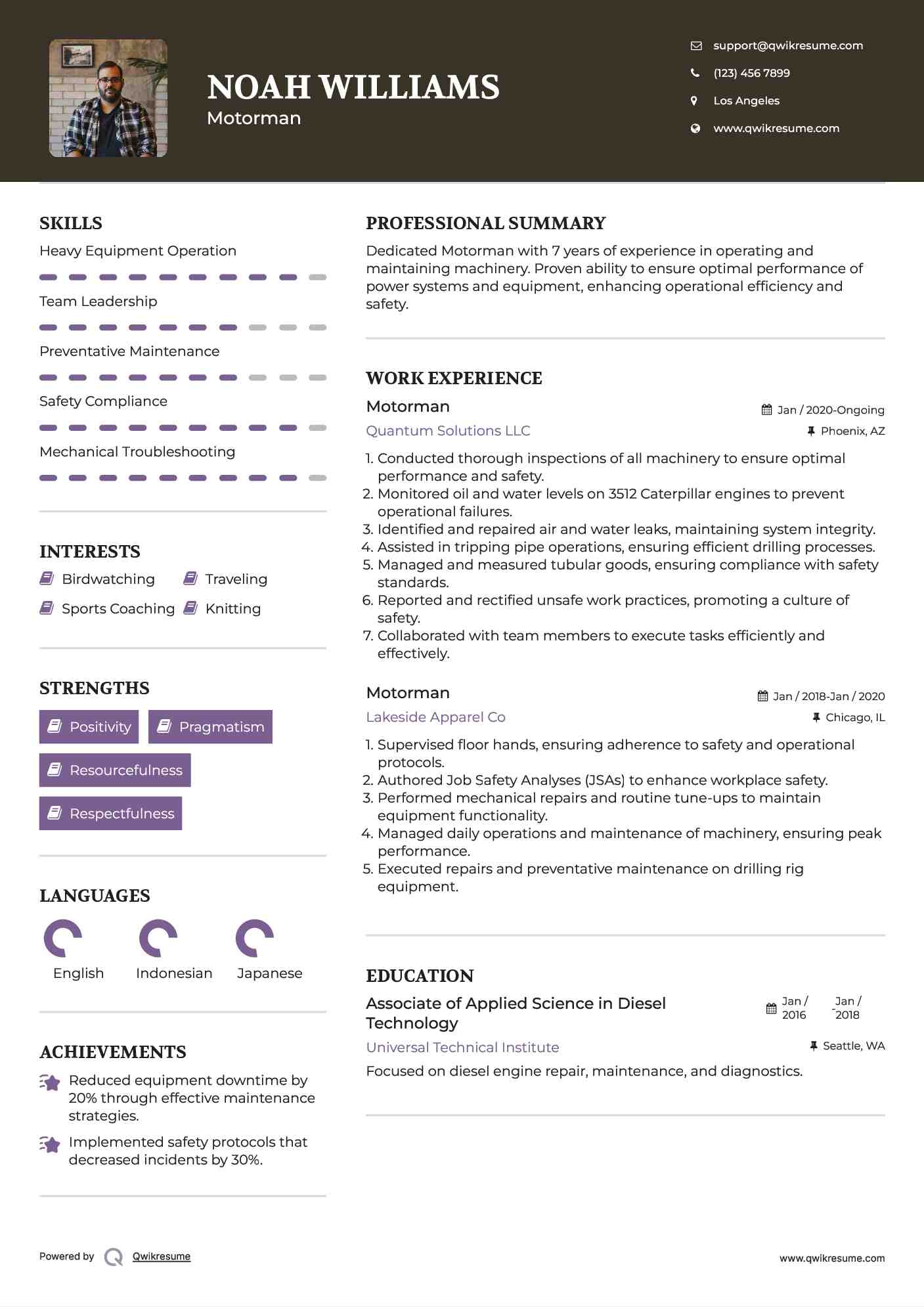 Motorman Resume Model