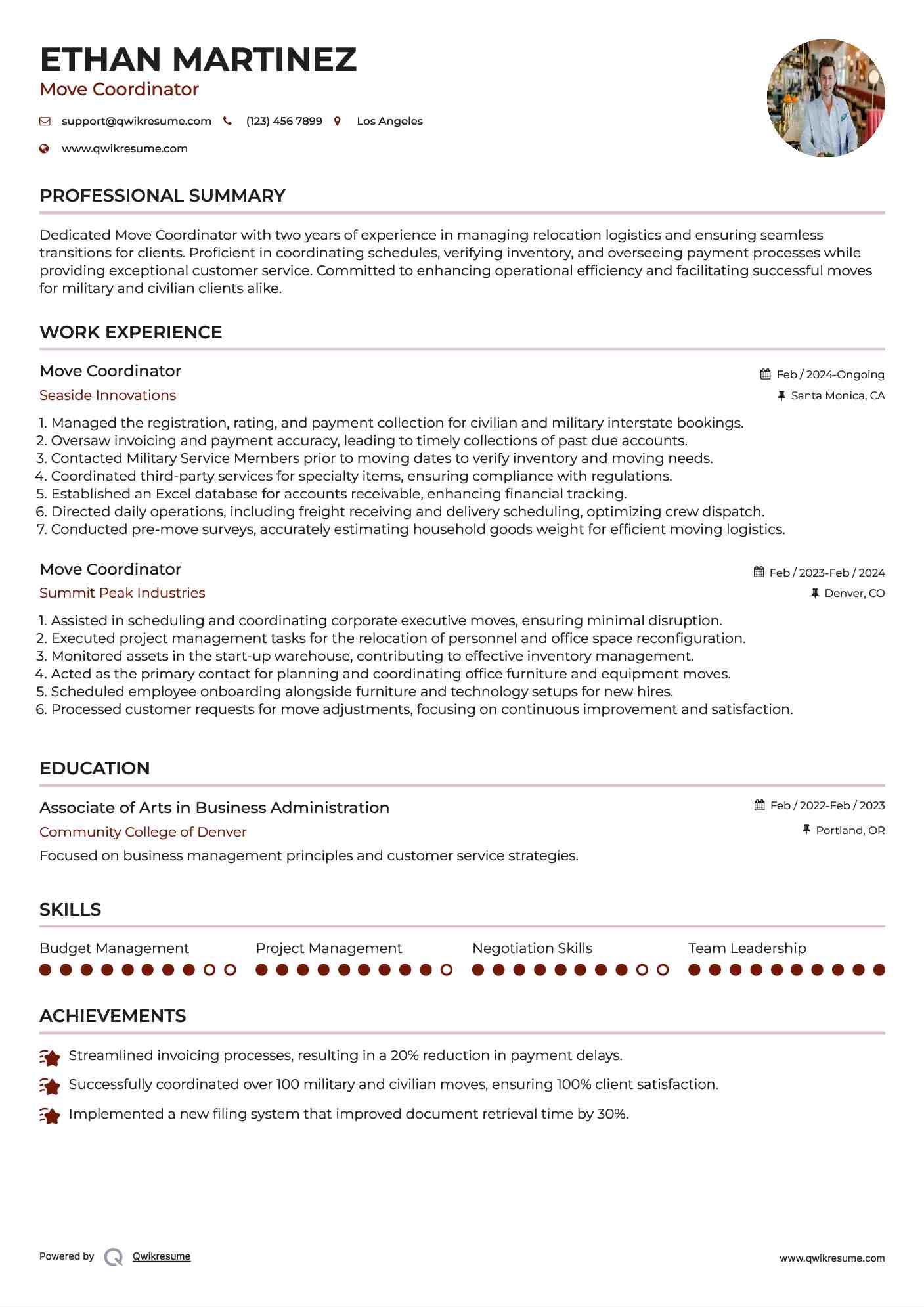 Move Coordinator Resume Example