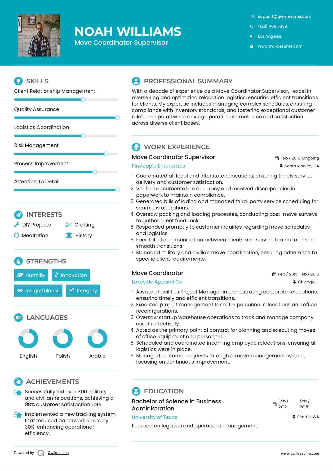 Move Coordinator Supervisor Resume Template