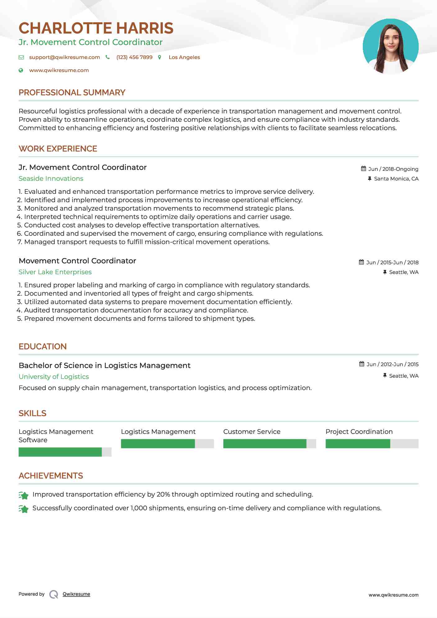 Jr. Movement Control Coordinator Resume Example