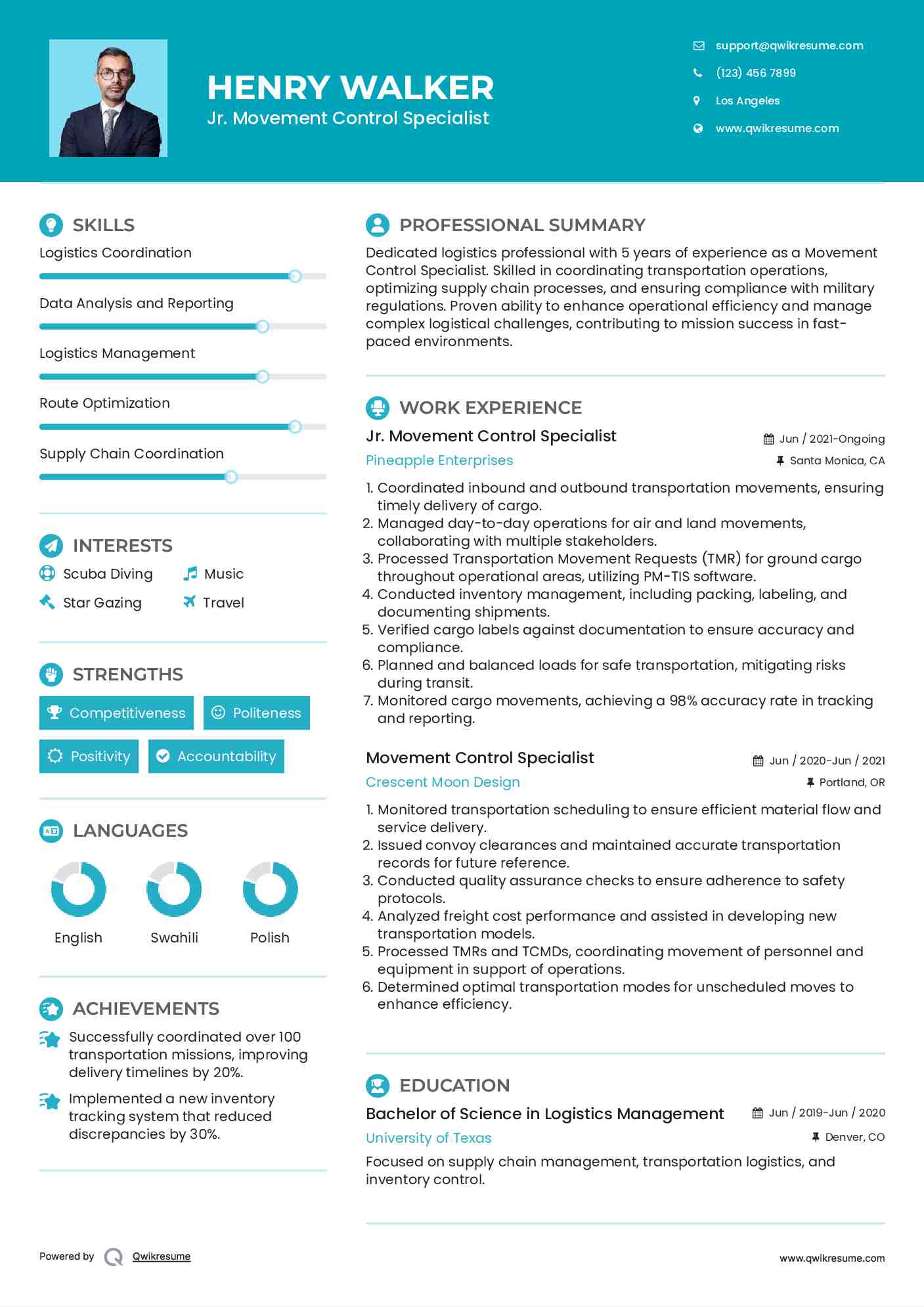 Jr. Movement Control Specialist Resume Template
