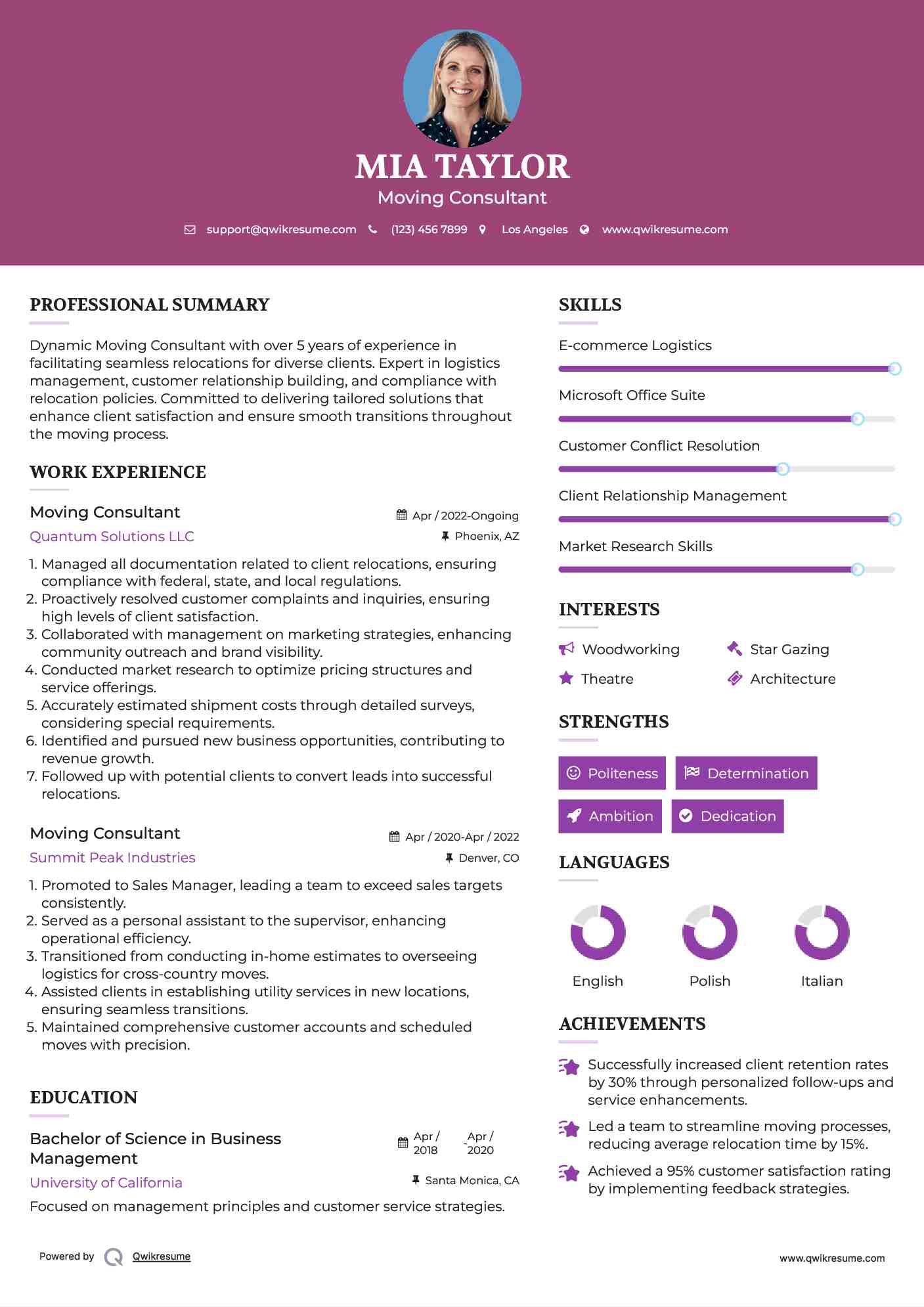 Moving Consultant Resume Example