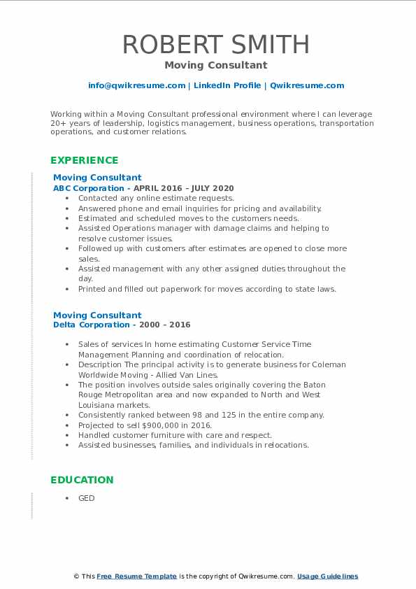 Moving Consultant Resume Samples - Moving Consultant 1617625937 Pdf 