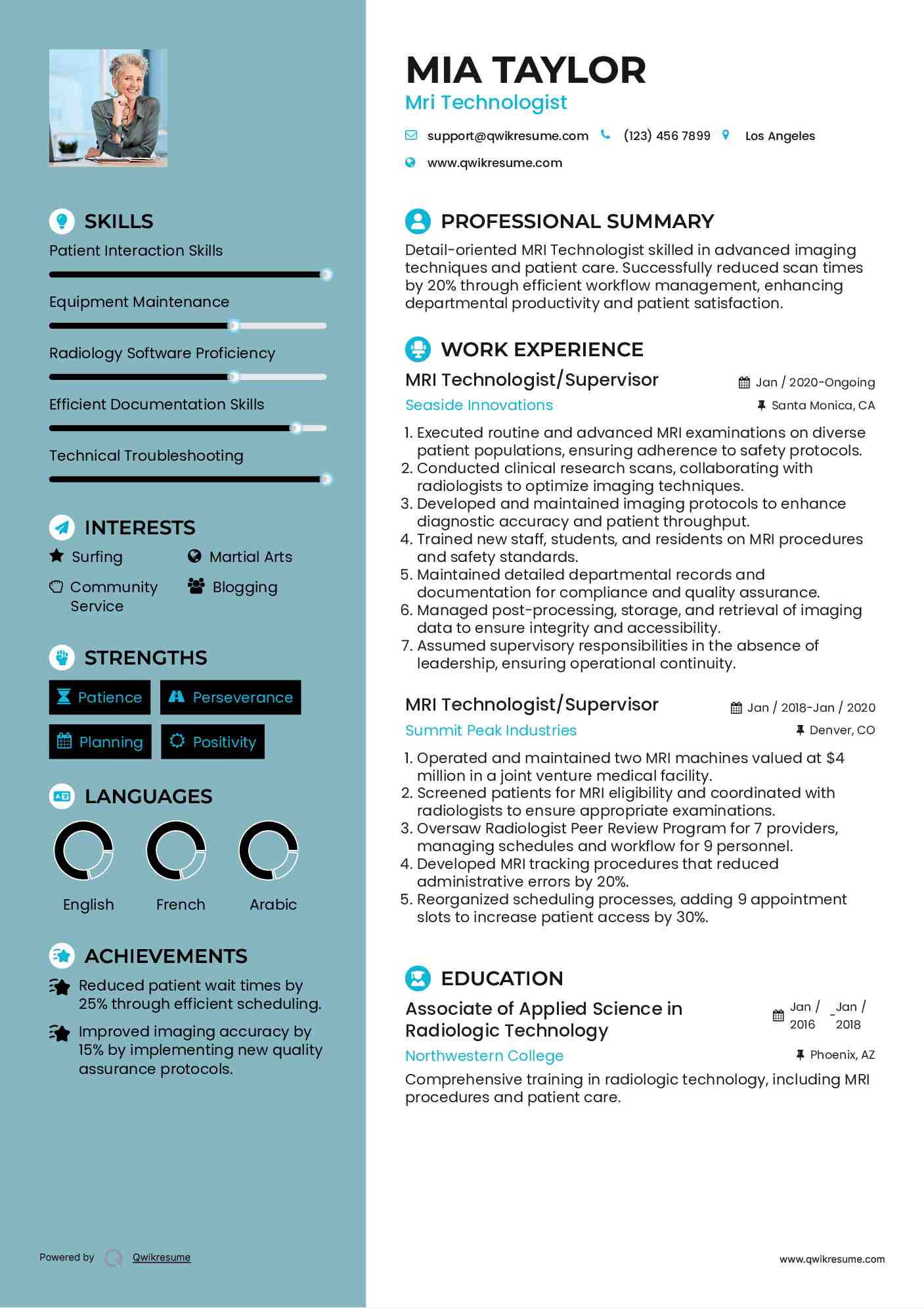 MRI Technologist/Supervisor Resume Sample
