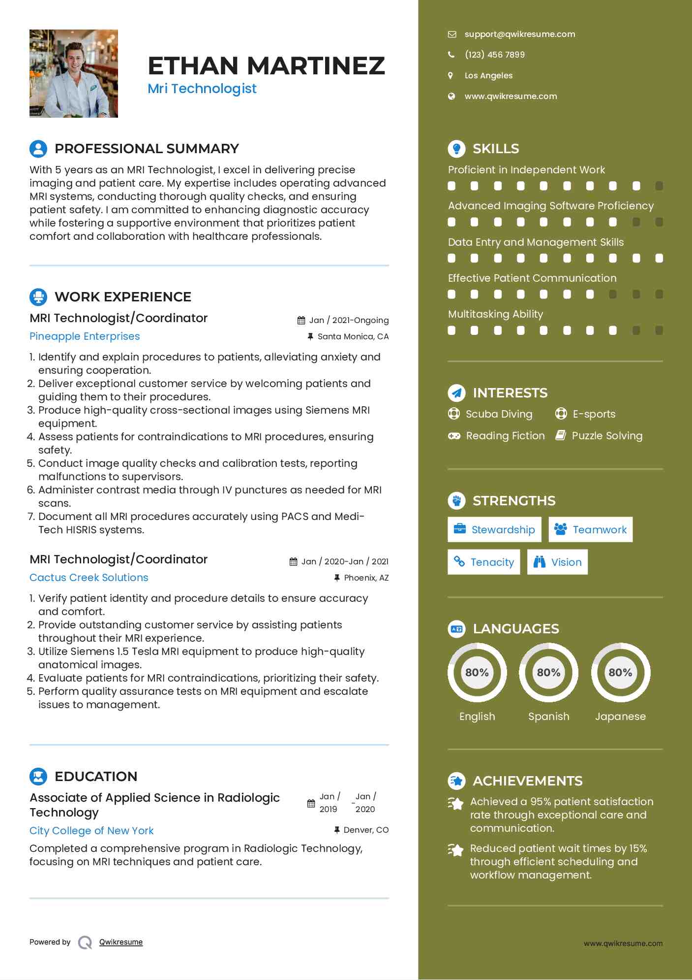 MRI Technologist Resume Samples QwikResume