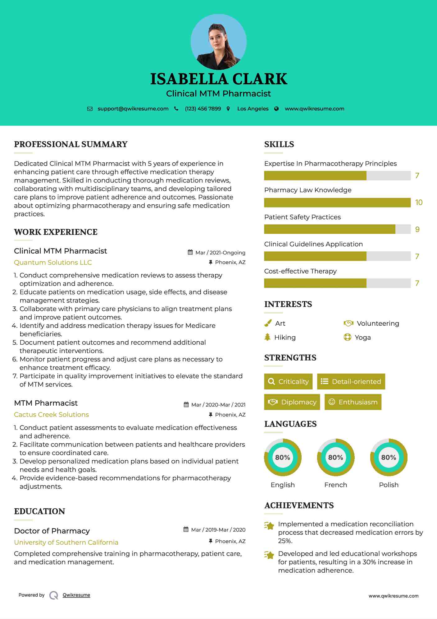 Clinical MTM Pharmacist Resume Sample