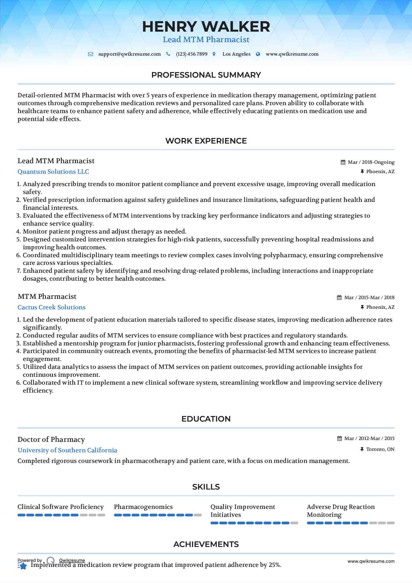 Lead MTM Pharmacist Resume Template