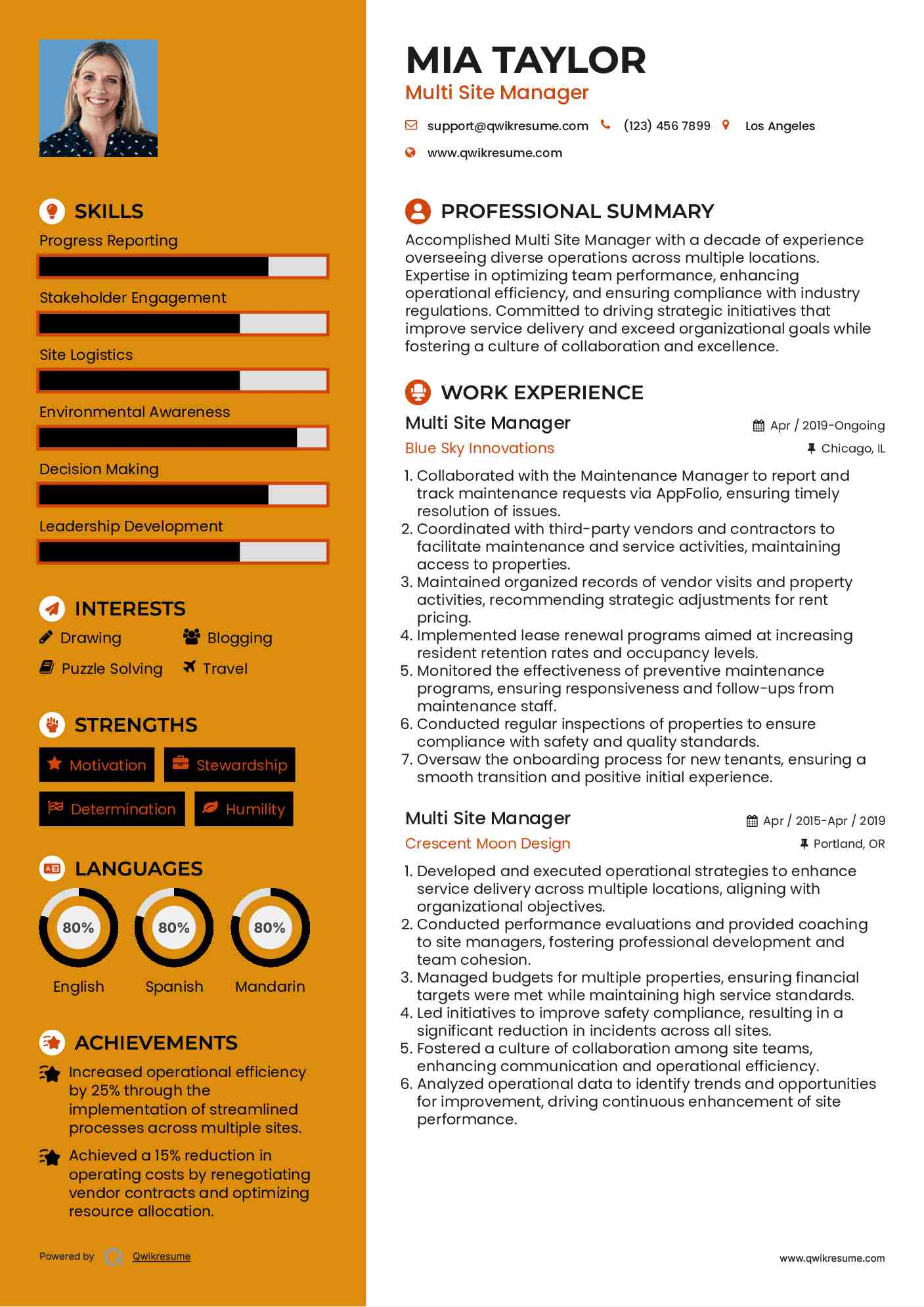 Multi Site Manager Resume Template