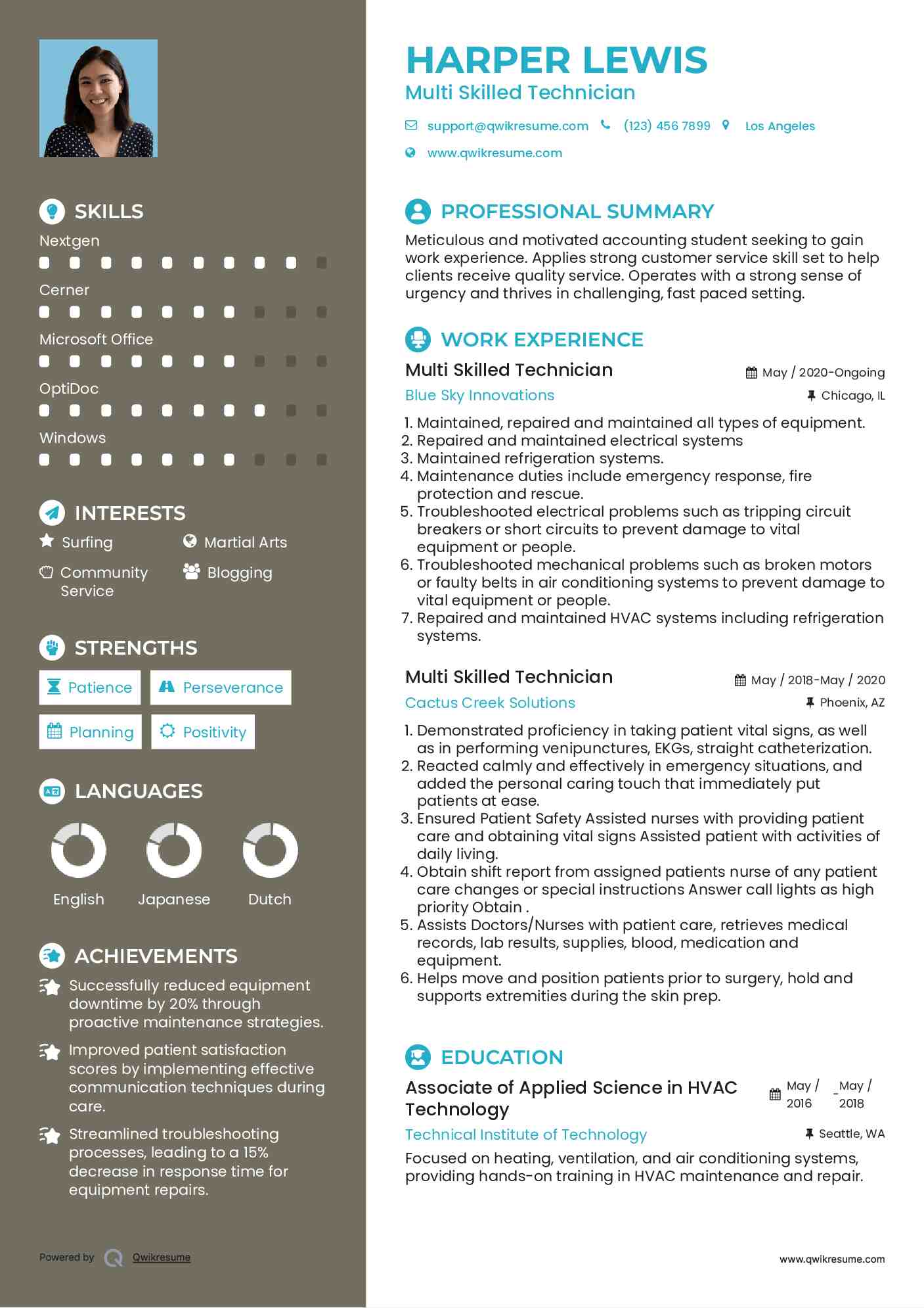 Multi Skilled Technician Resume Example