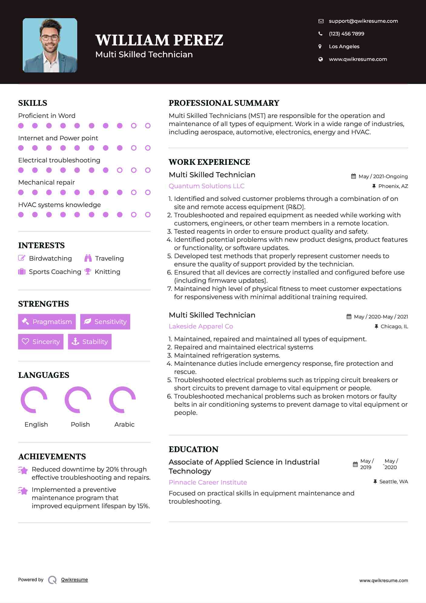 Multi Skilled Technician Resume Example