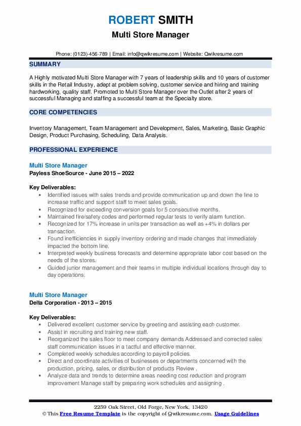 Multi Store Manager Resume Samples QwikResume