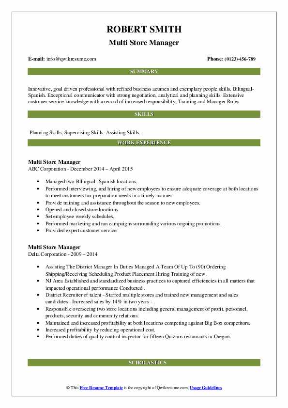 Multi Store Manager Resume Samples QwikResume