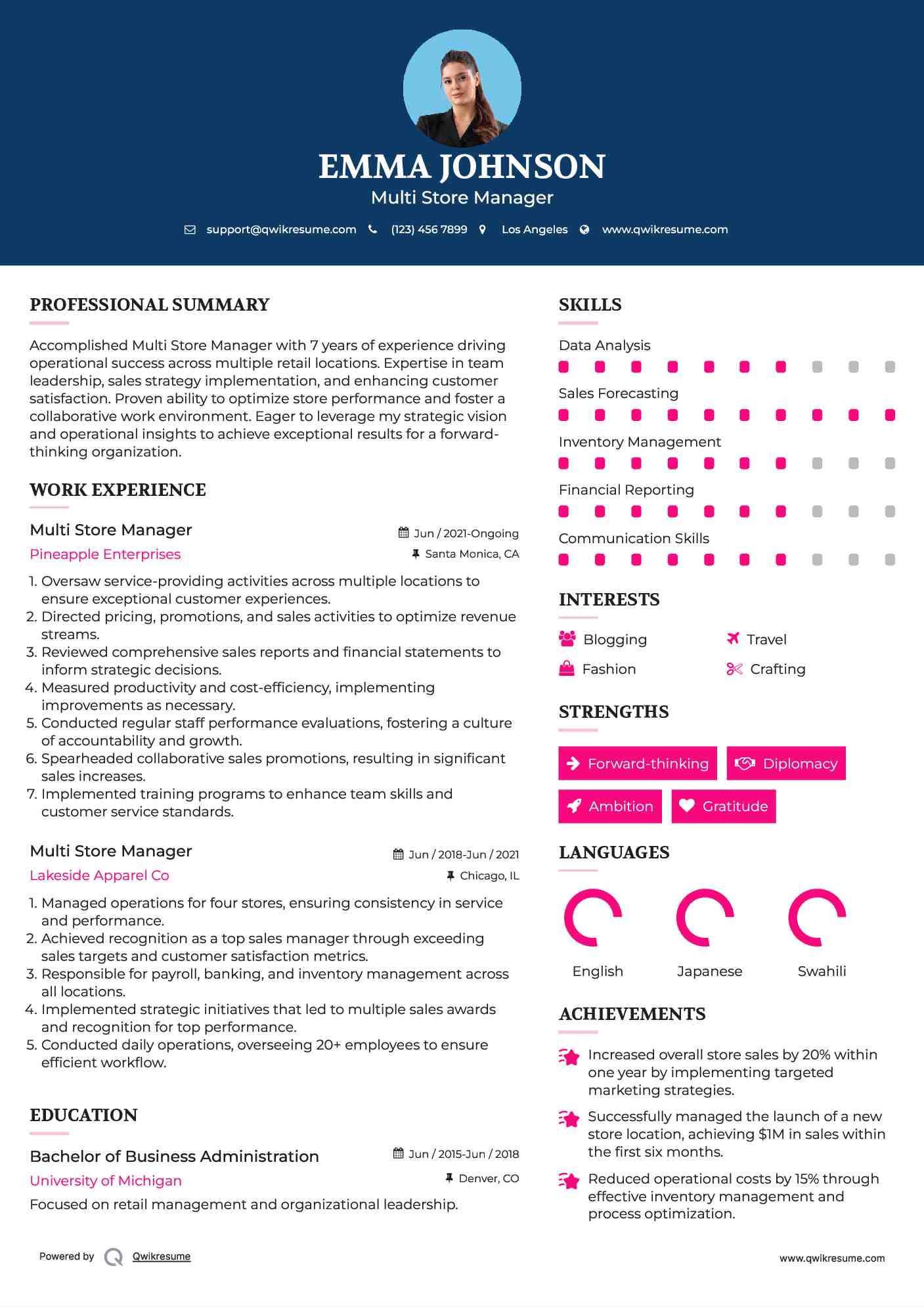 Multi Store Manager Resume Template