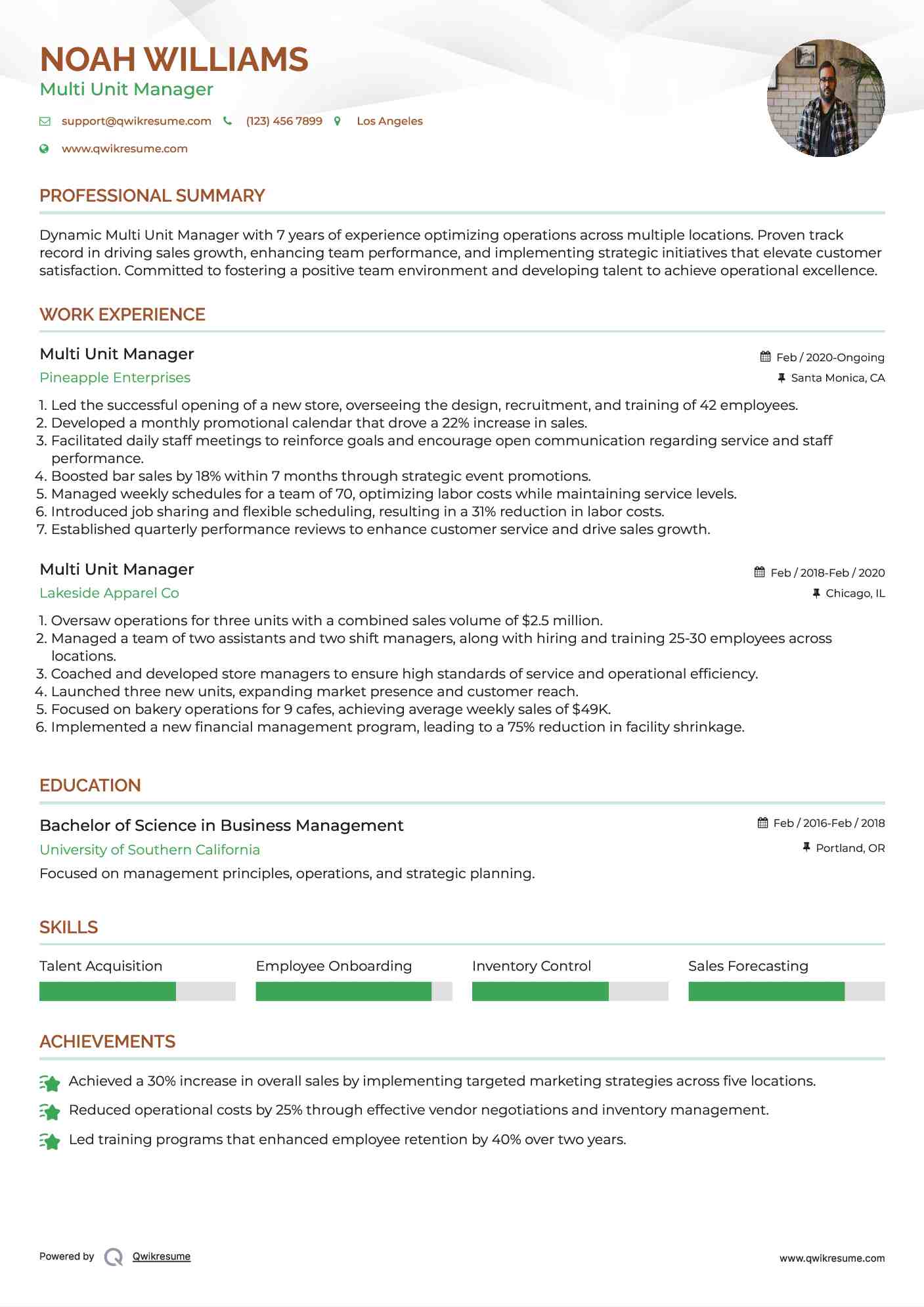 Multi Unit Manager Resume Samples QwikResume