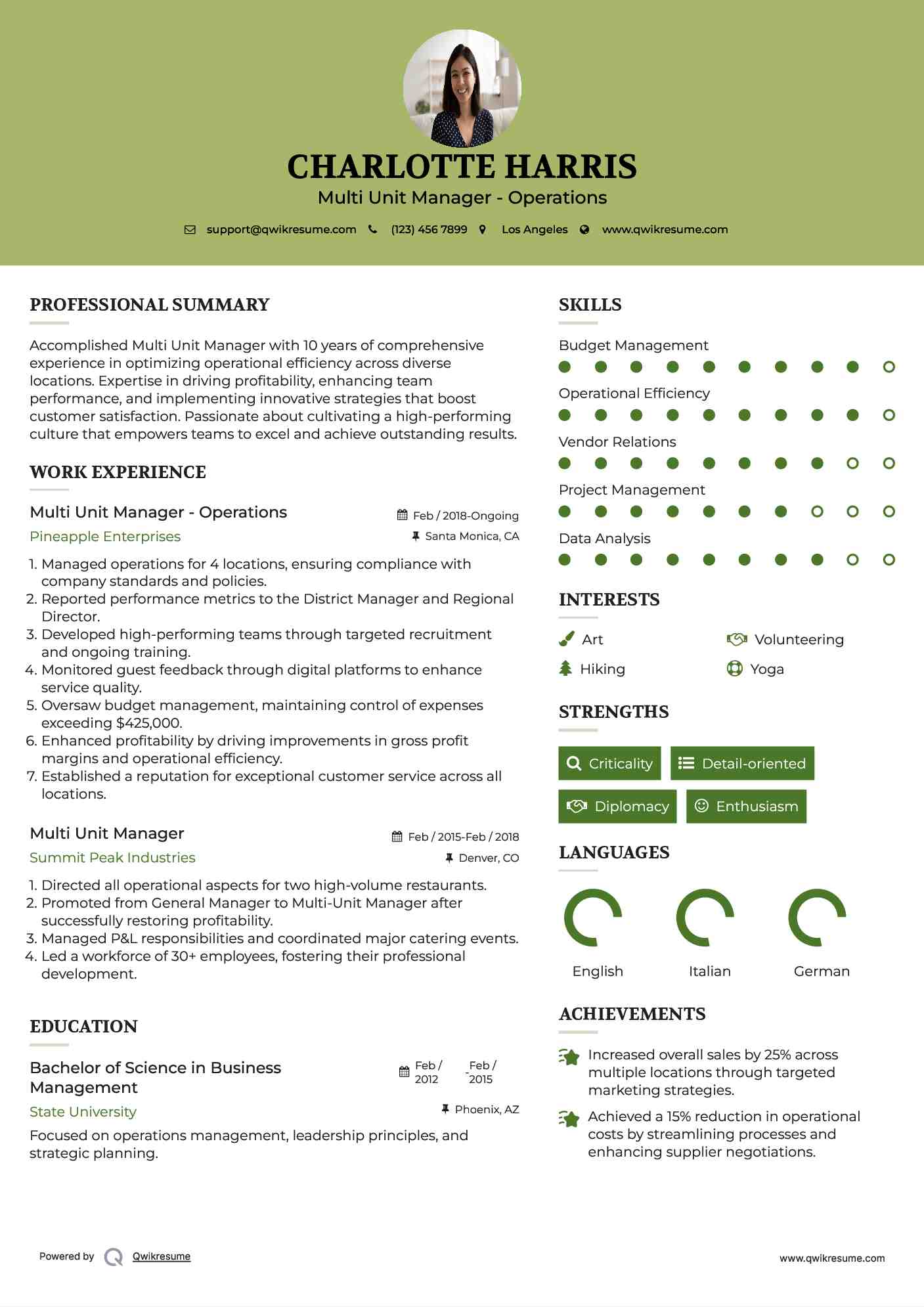 Multi Unit Manager Resume Samples QwikResume