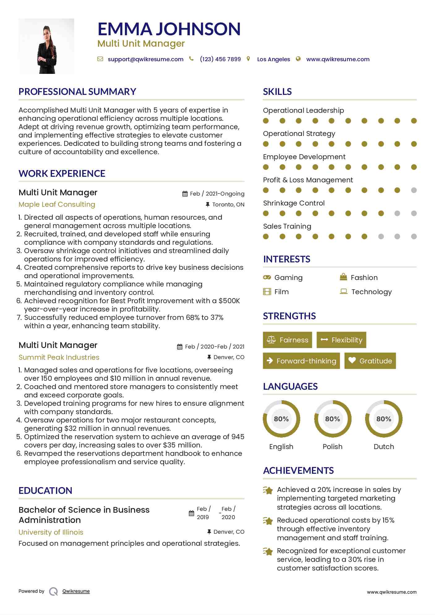 Multi Unit Manager Resume Samples QwikResume
