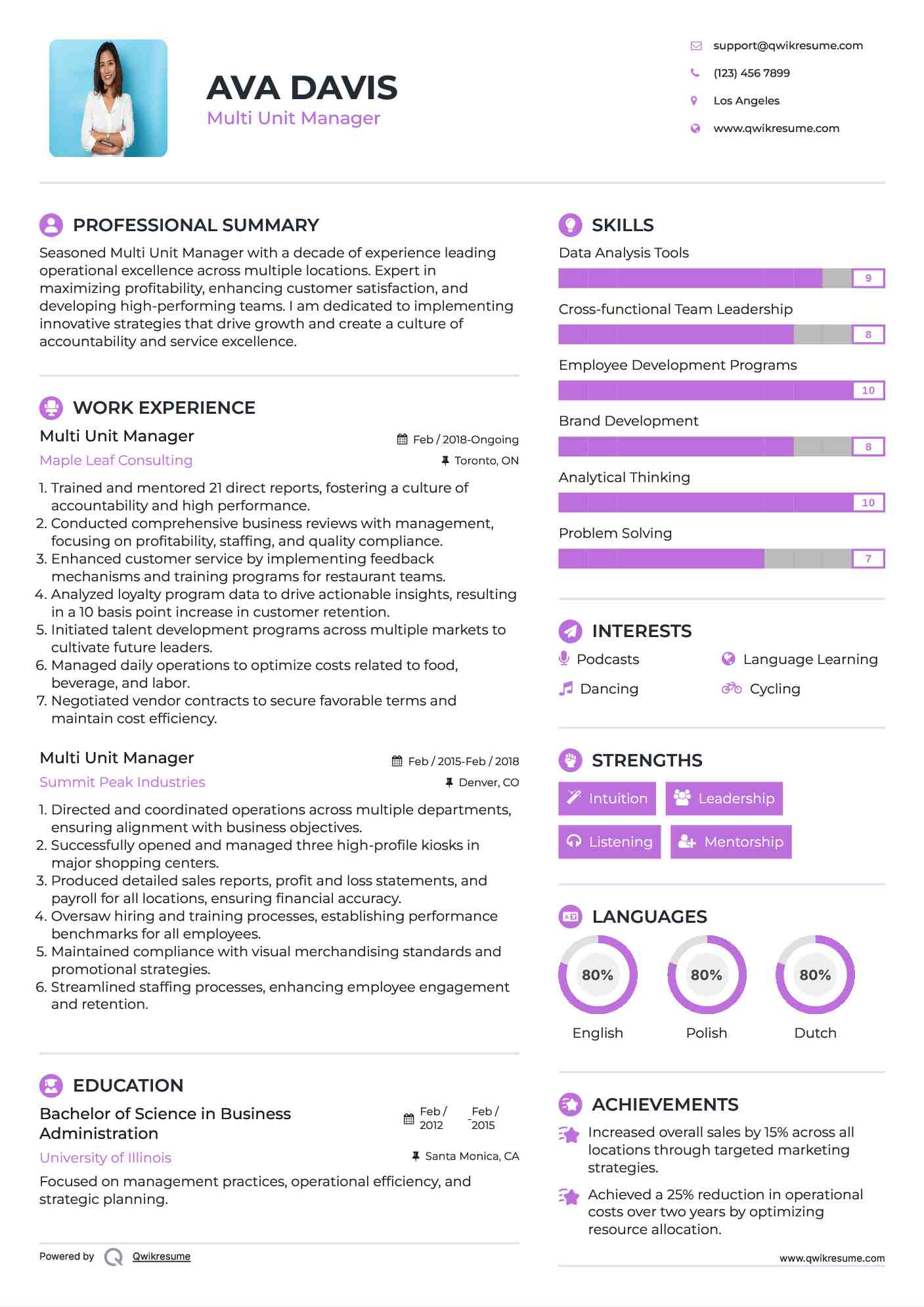 Multi Unit Manager Resume Samples QwikResume