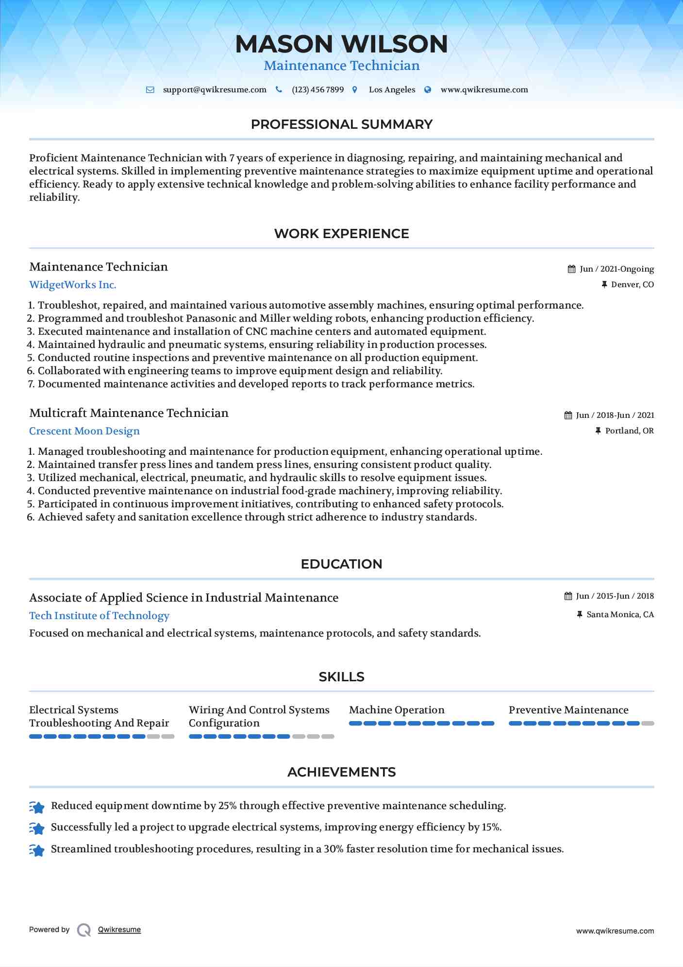 Maintenance Technician Resume Template