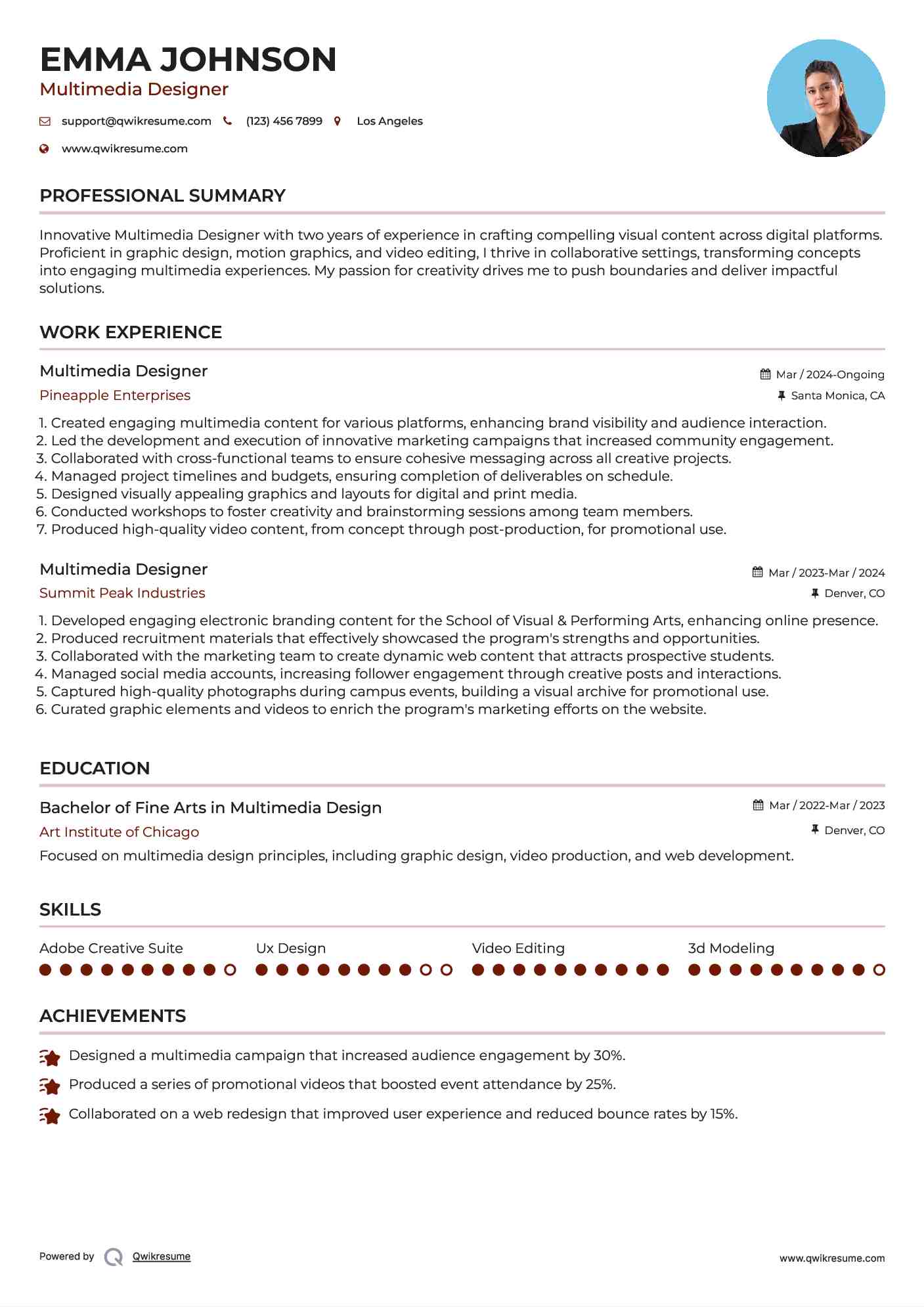 Free Cv Of A Multimedia Artist