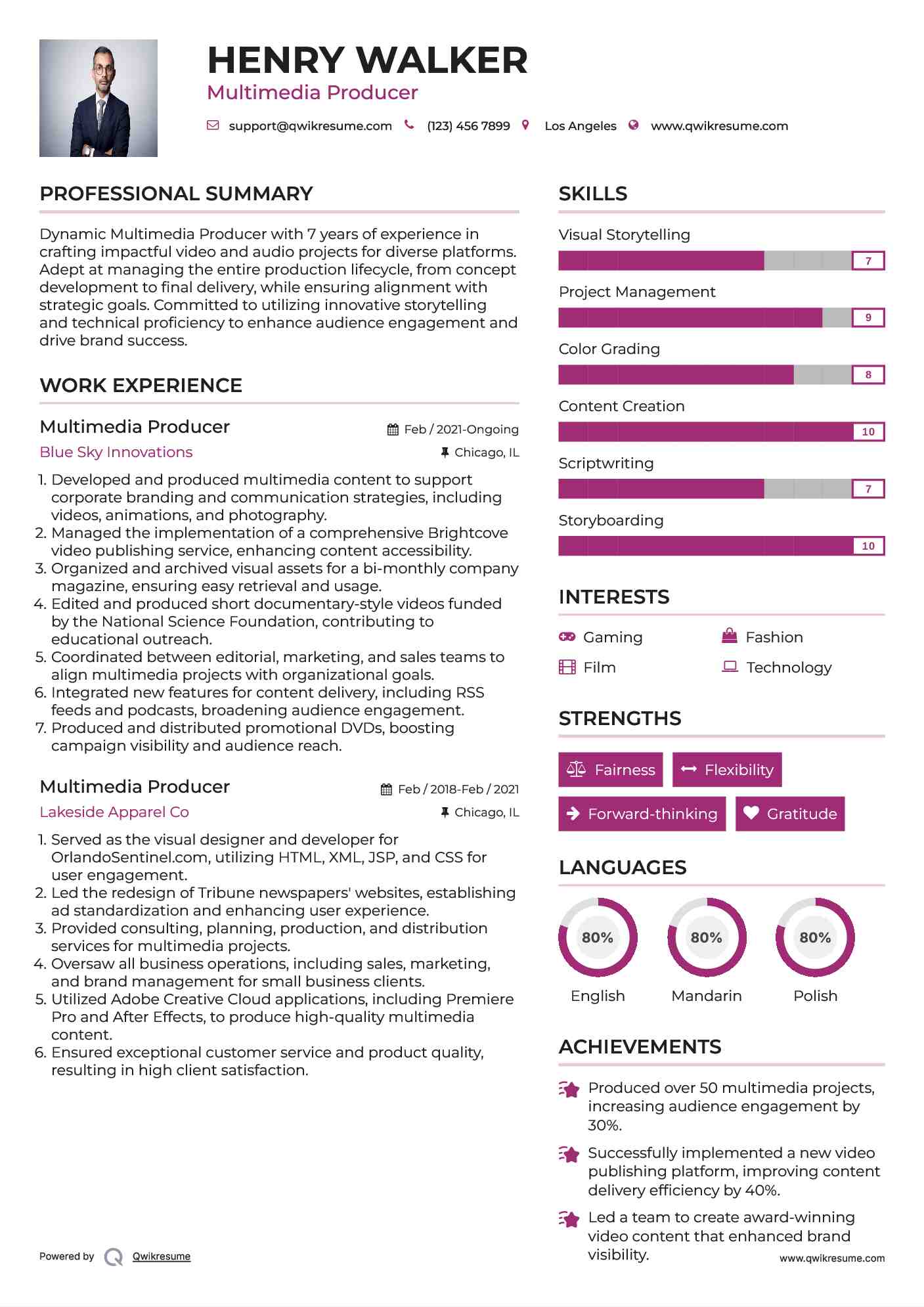 Multimedia Producer Resume Model