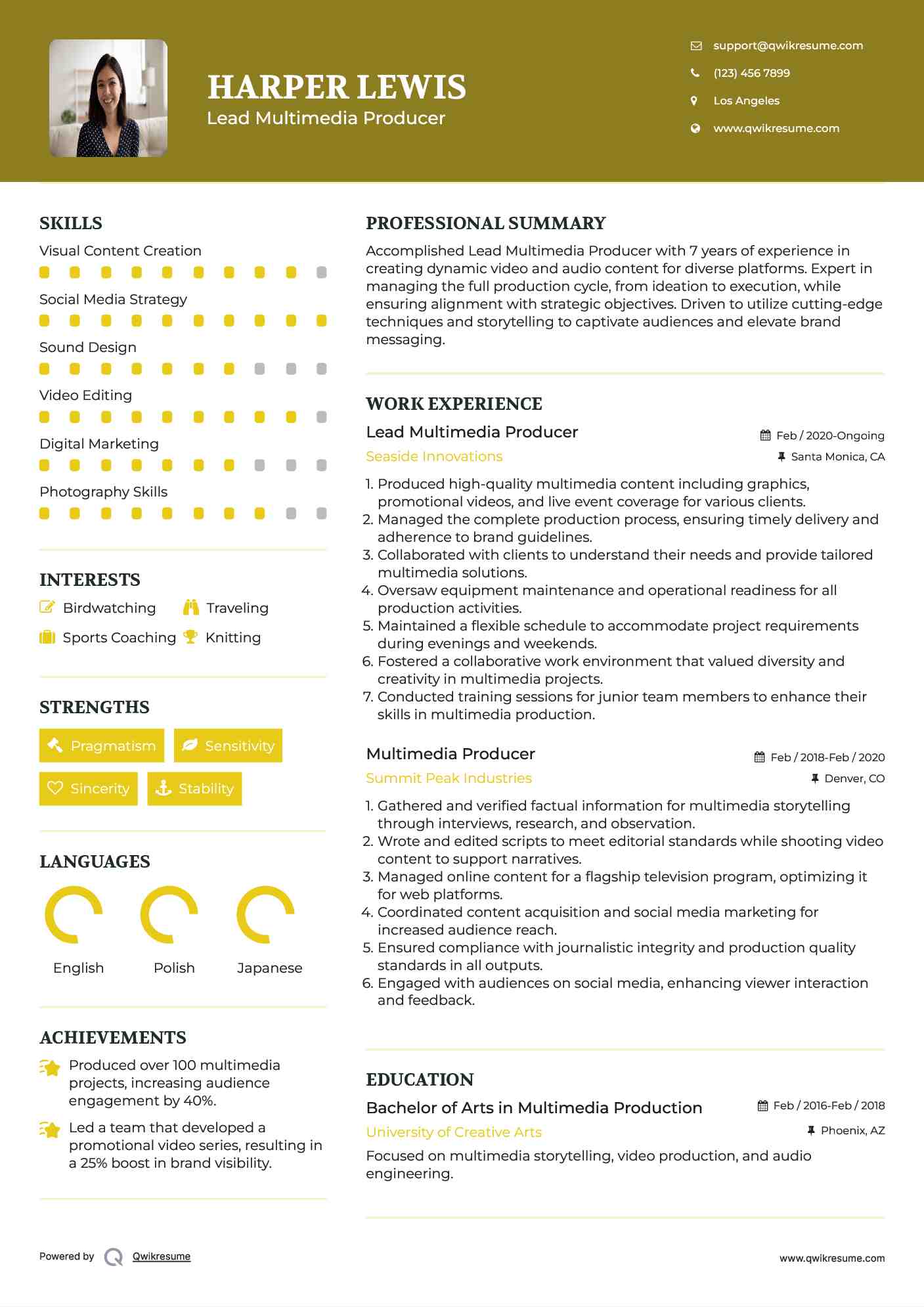 Lead Multimedia Producer Resume Sample