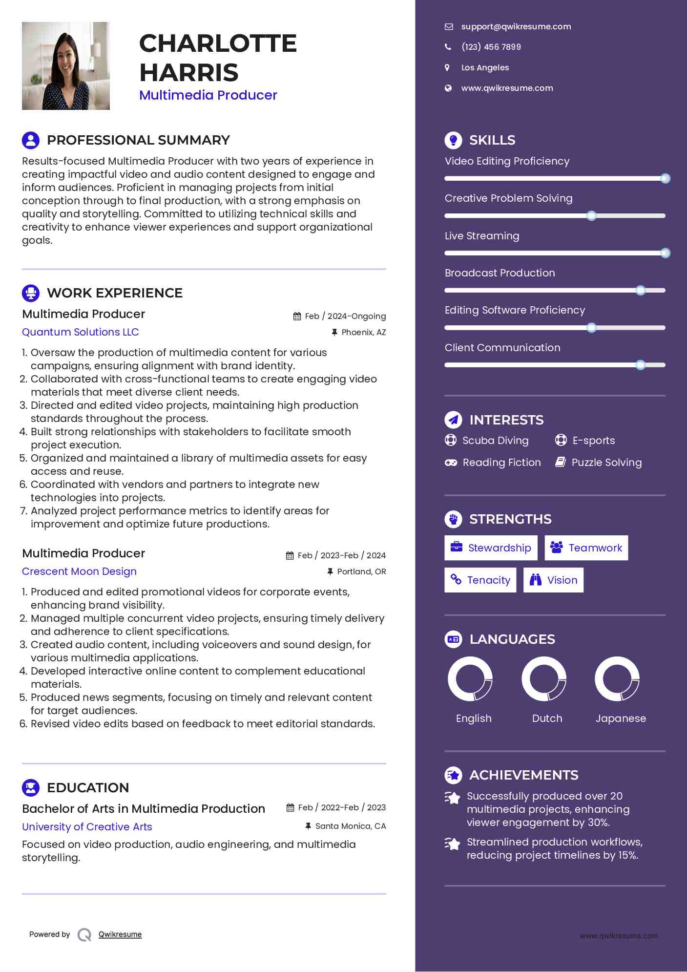 Multimedia Producer Resume Sample