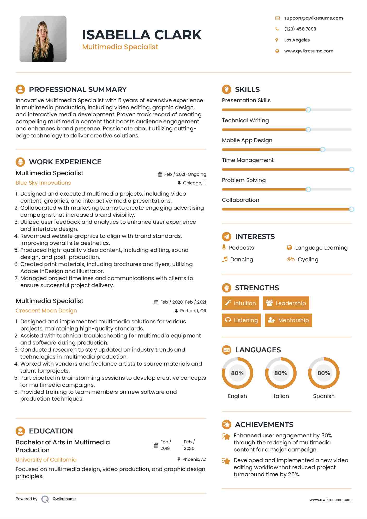 Multimedia Specialist Resume Samples QwikResume