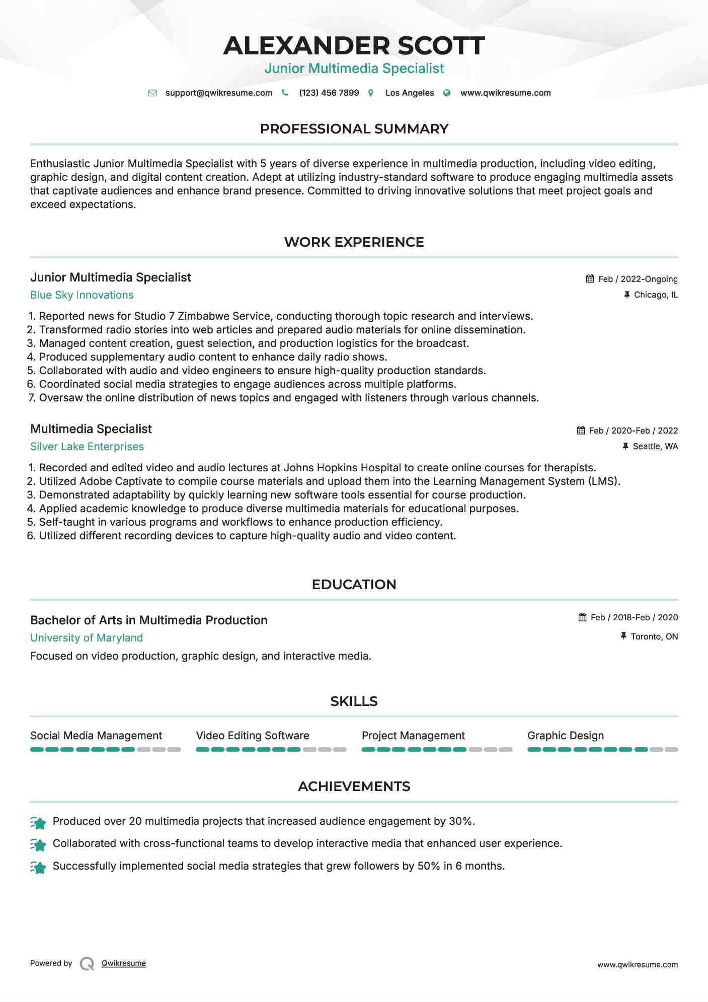 Junior Multimedia Specialist Resume Example