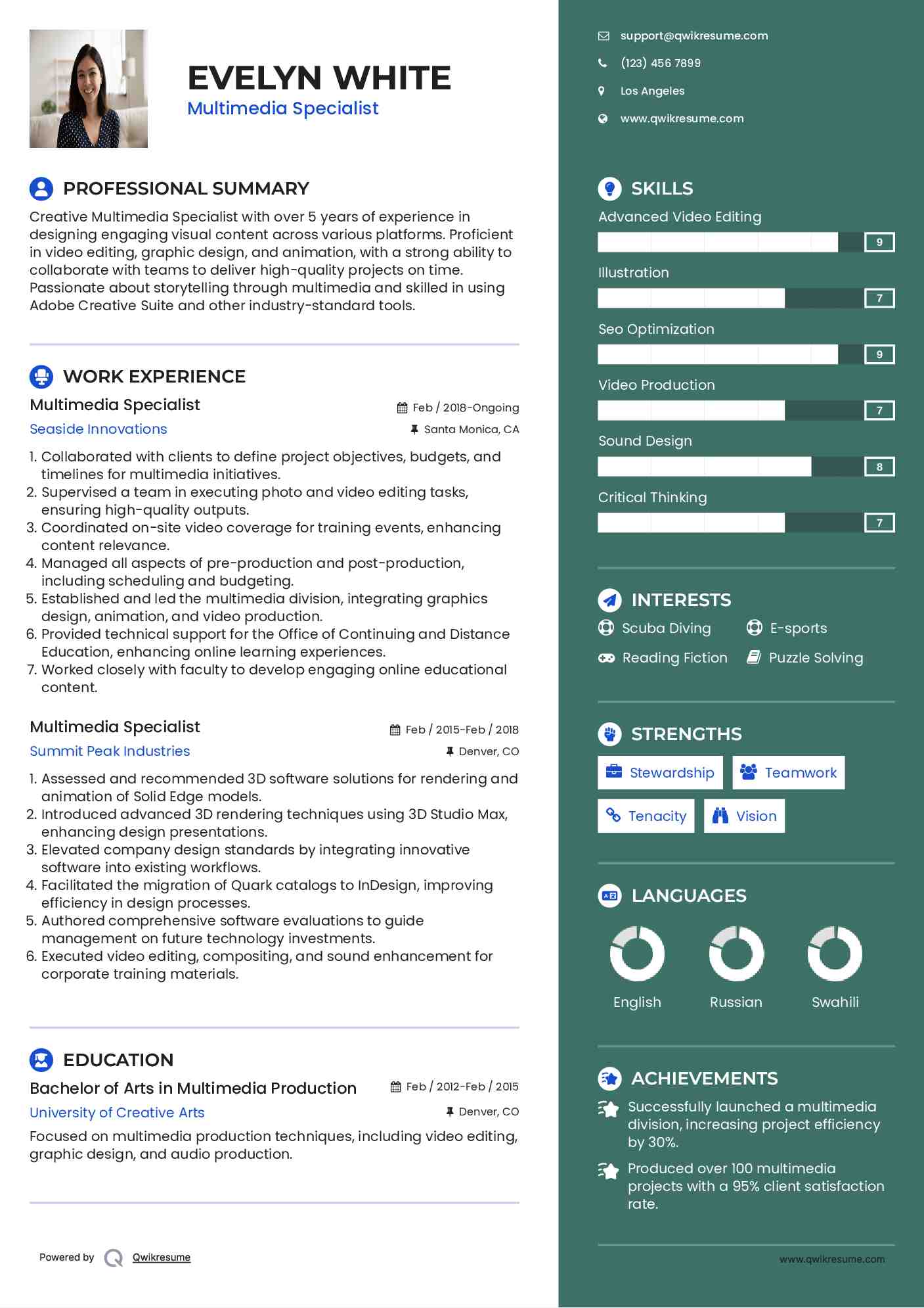 Multimedia Specialist Resume Template