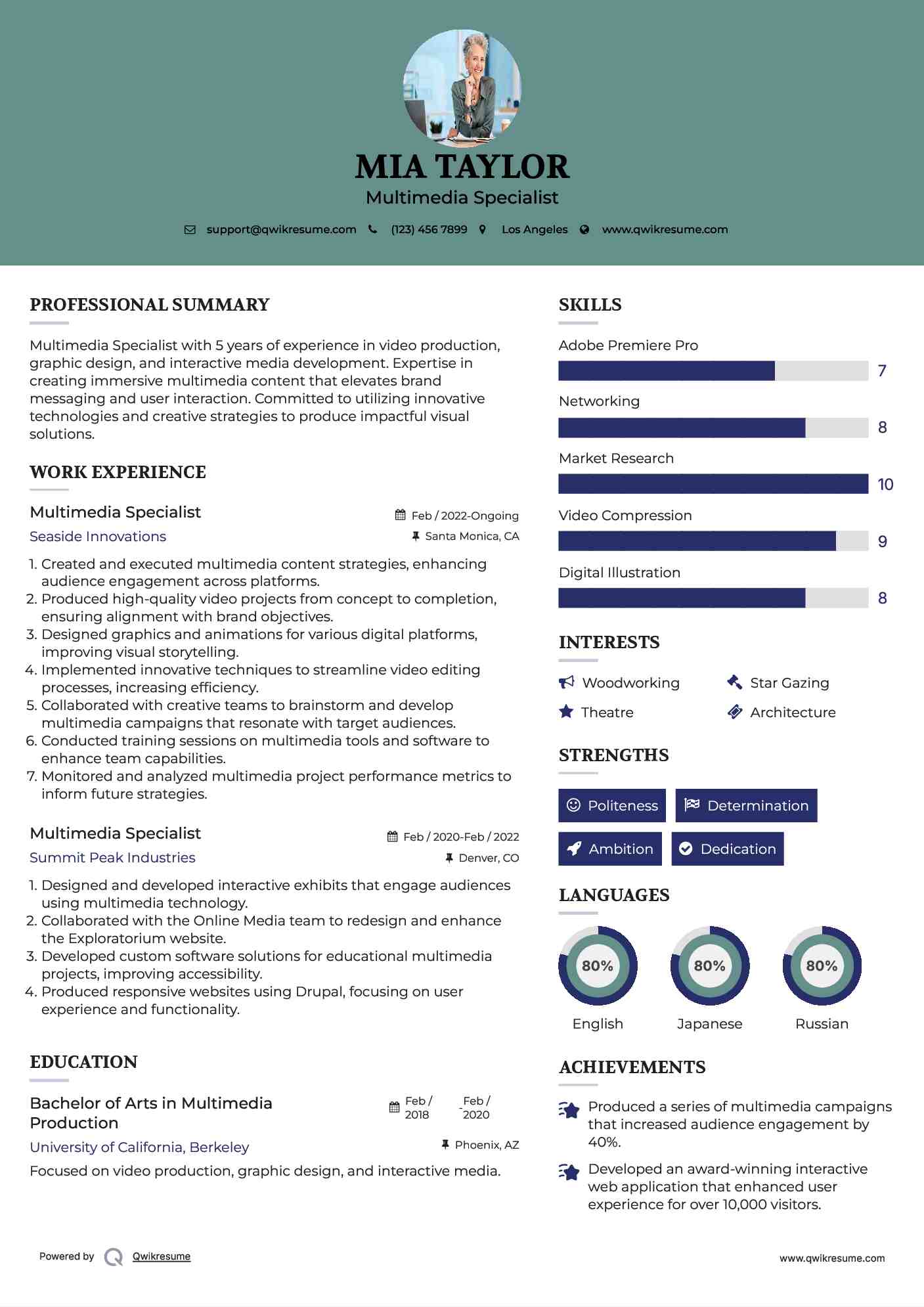 Multimedia Specialist Resume Samples QwikResume