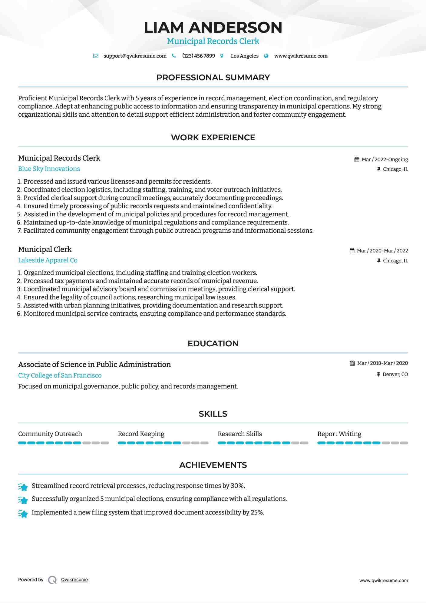 Municipal Records Clerk Resume Example