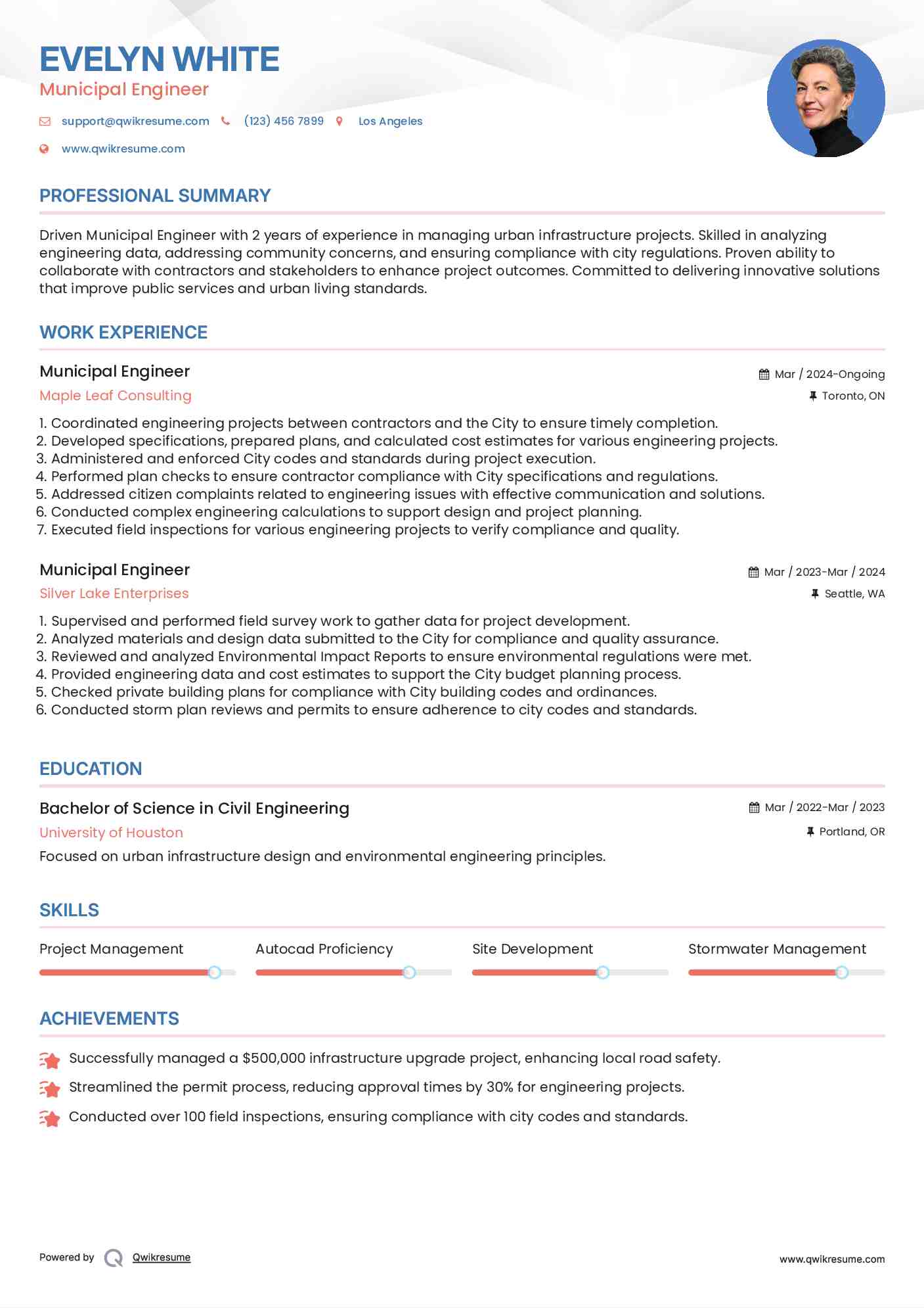 Municipal Engineer Resume Sample