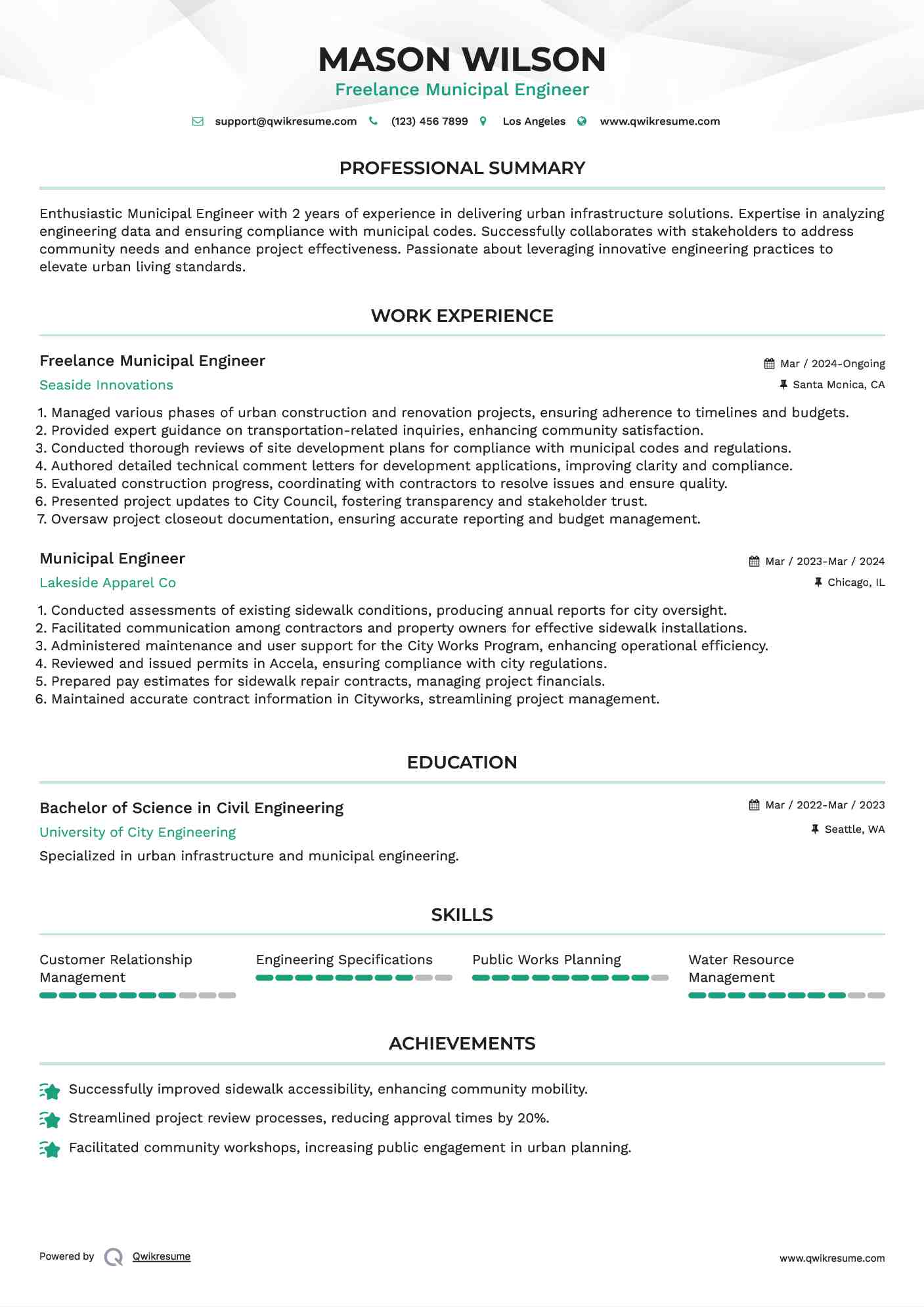 Freelance Municipal Engineer Resume Template