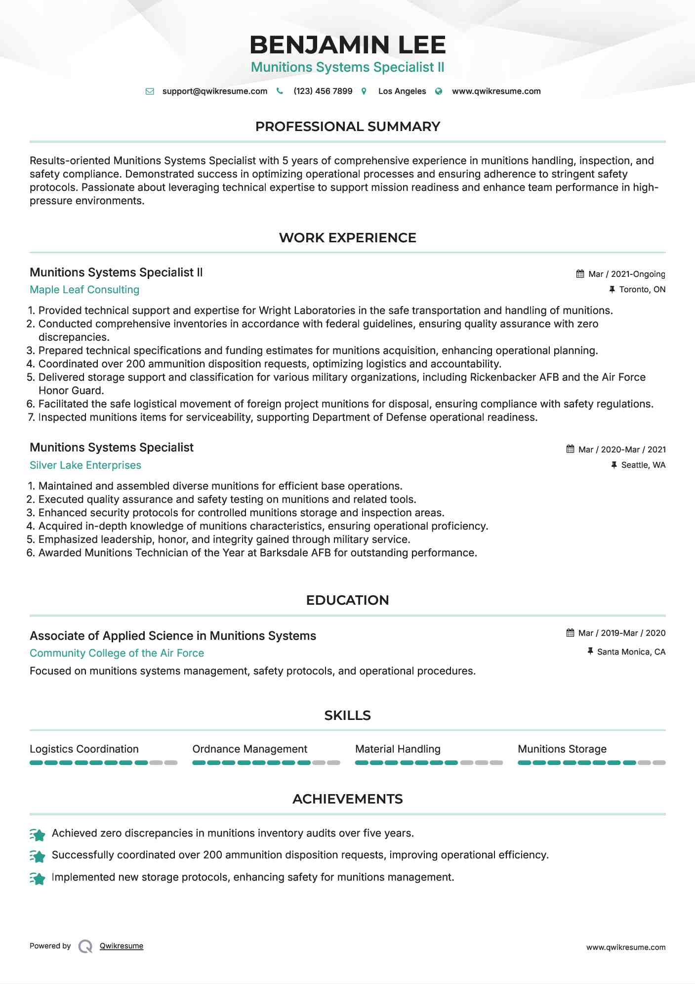 Munitions Systems Specialist II Resume Format